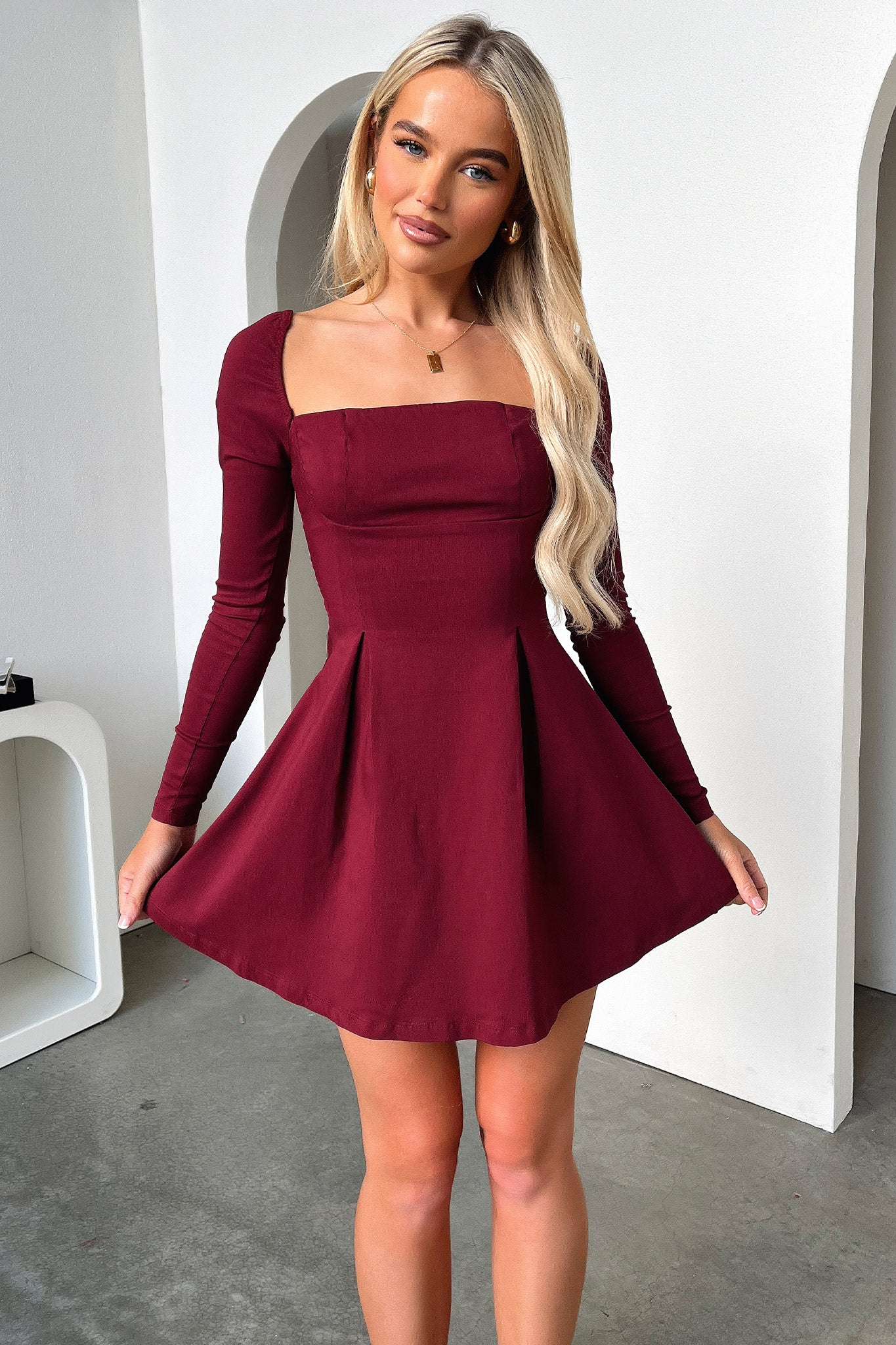 Tabitha Long Sleeve Mini Dress - Burgundy-Coutiqo