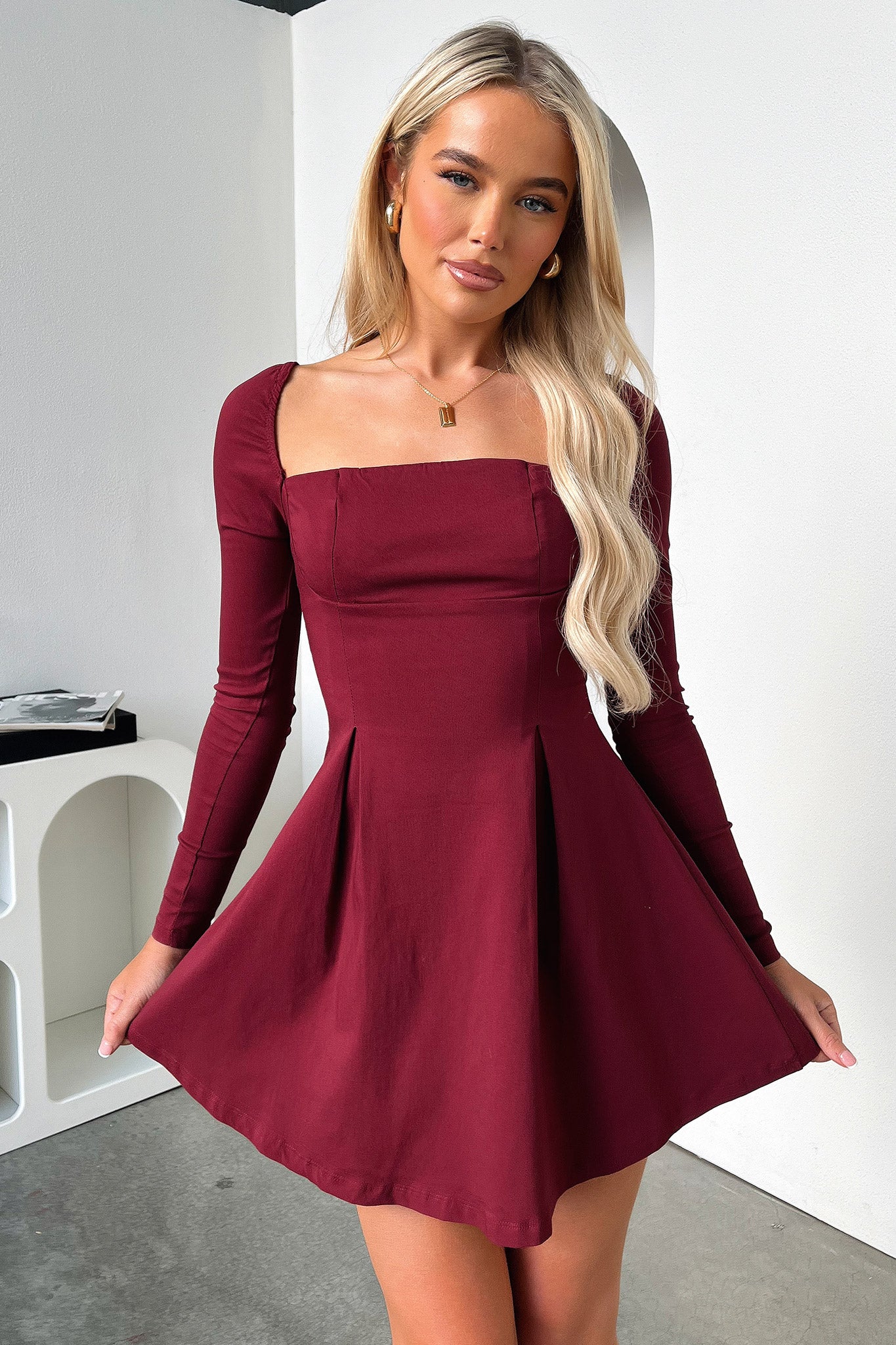Tabitha Long Sleeve Mini Dress - Burgundy-Coutiqo