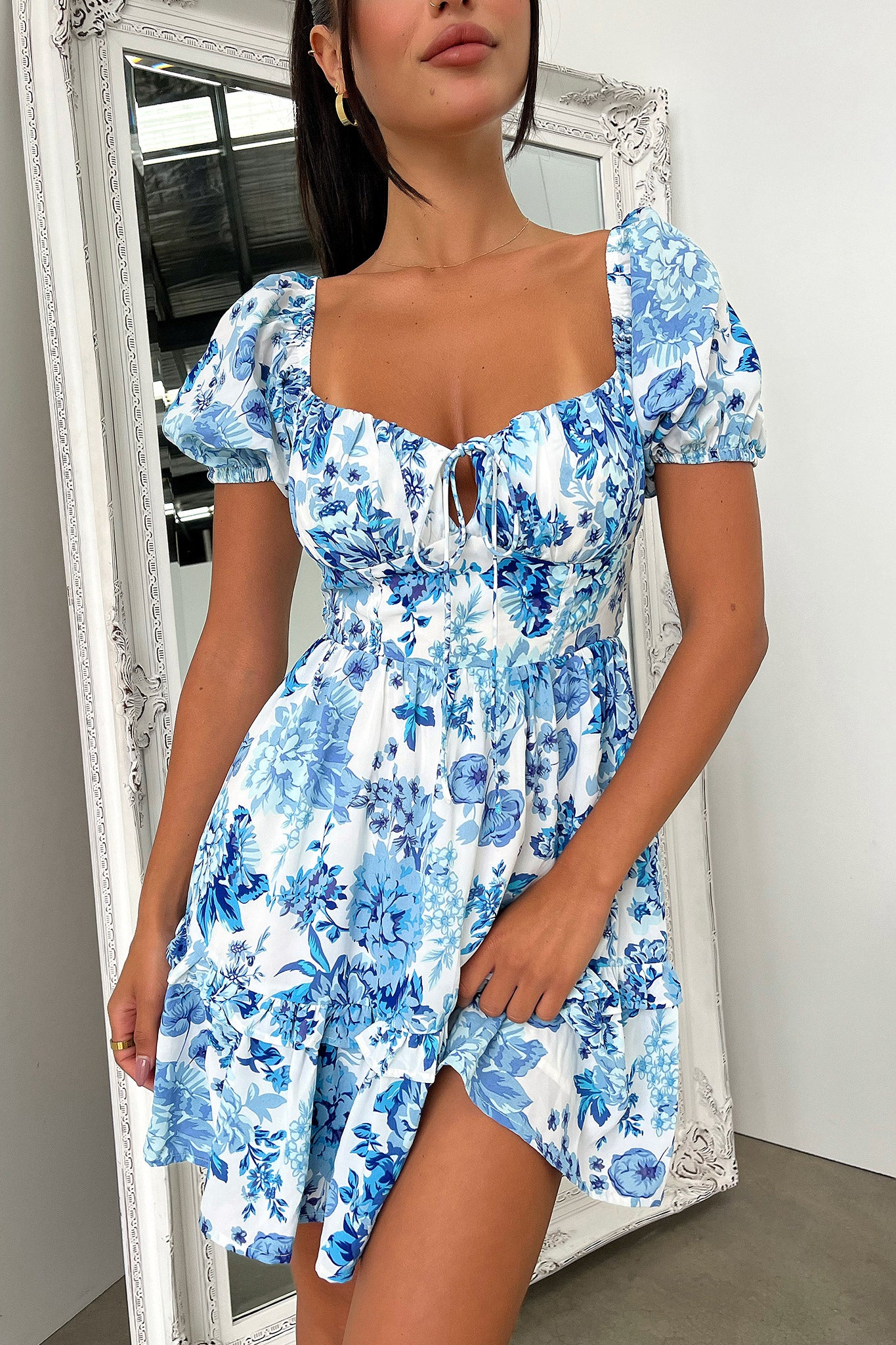 Taleah Puff Sleeve Mini Dress - Blue Floral-Coutiqo