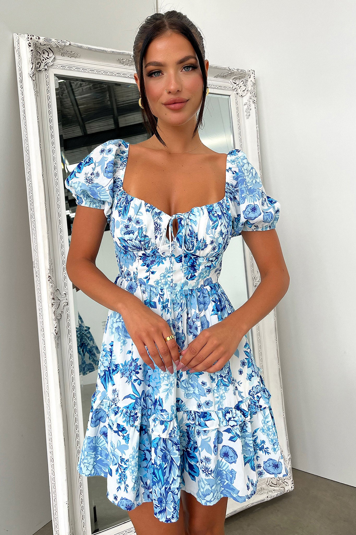 Taleah Puff Sleeve Mini Dress - Blue Floral-Coutiqo