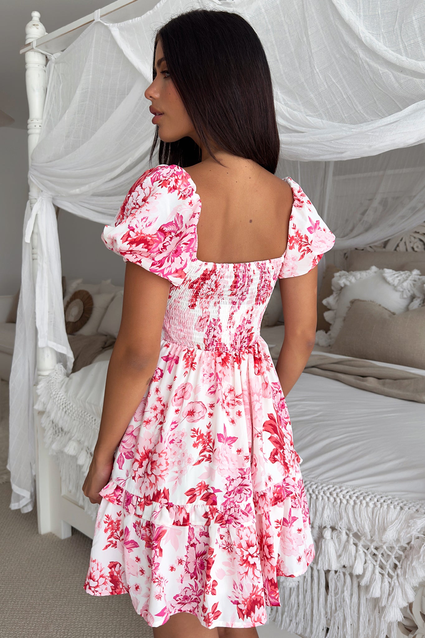 Taleah Puff Sleeve Mini Dress - Pink Floral-Coutiqo