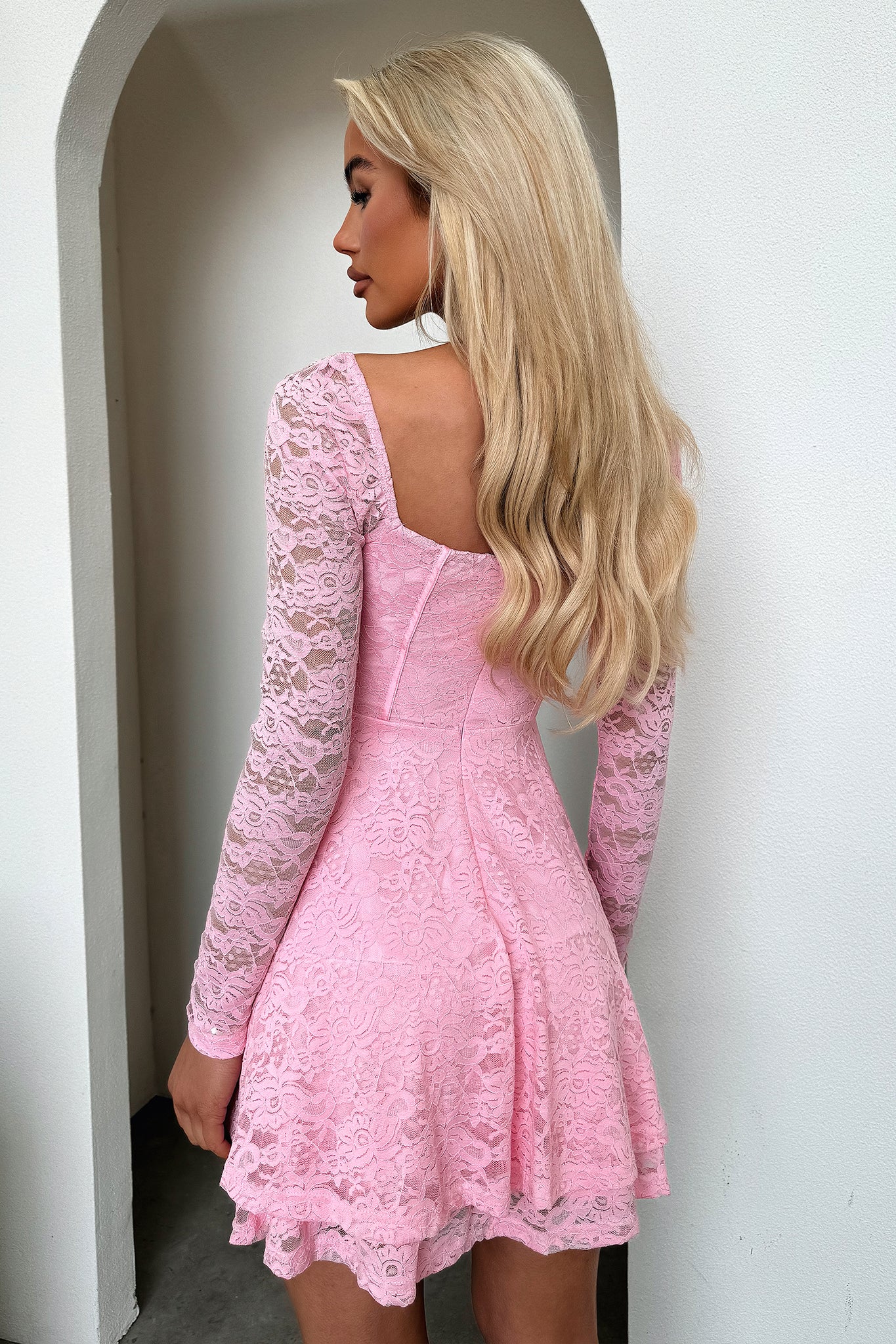 Tate Long Sleeve Lace Dress - Baby Pink-Coutiqo