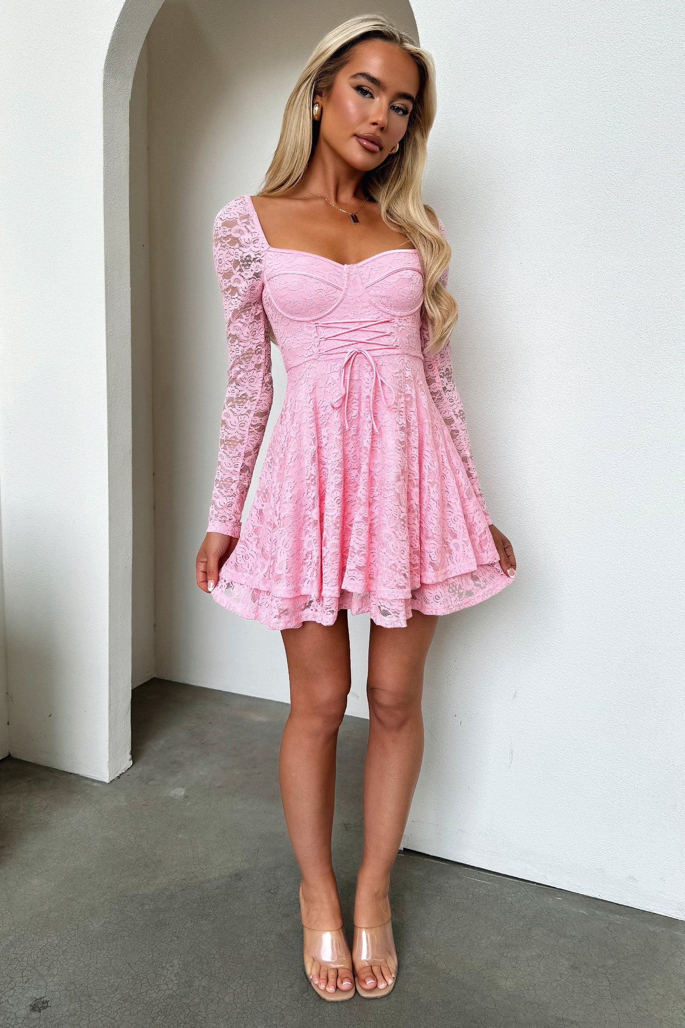 Tate Long Sleeve Lace Dress - Baby Pink-Coutiqo