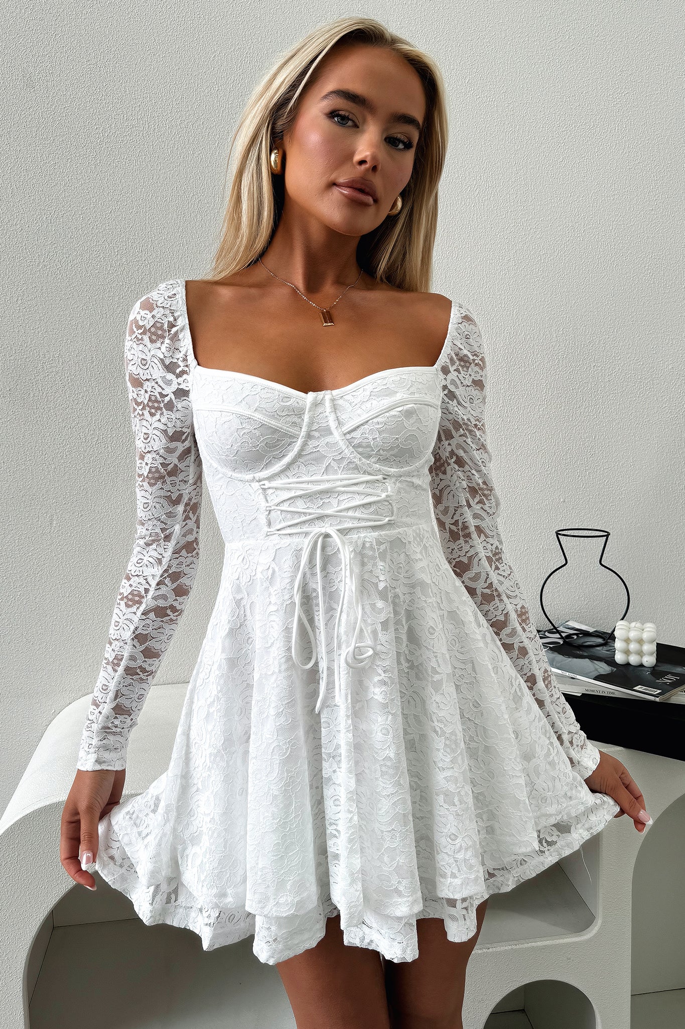 Tate Long Sleeve Lace Dress - White-Coutiqo