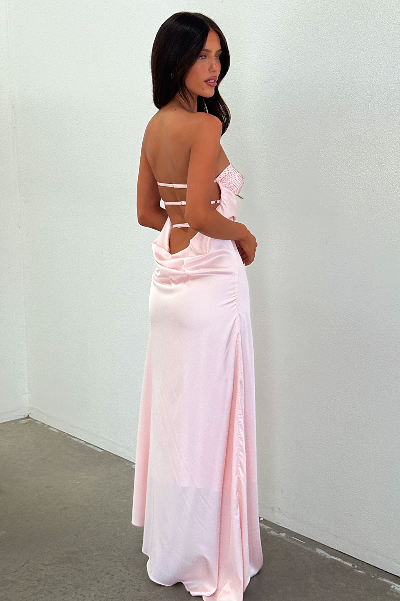 Thora Strapless Satin Maxi Dress - Baby Pink-Coutiqo