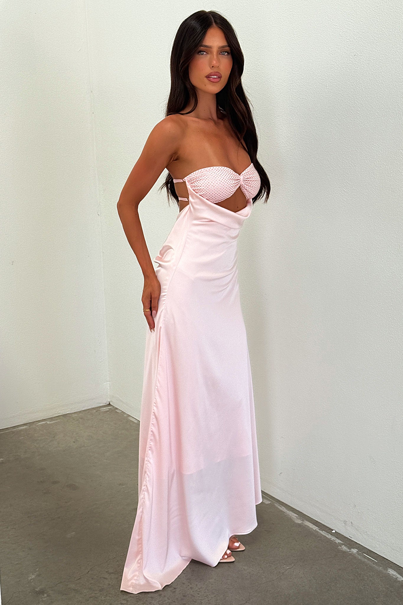 Thora Strapless Satin Maxi Dress - Baby Pink-Coutiqo