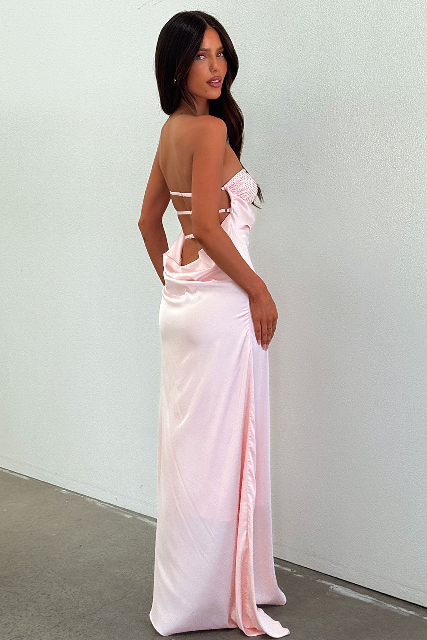 Thora Strapless Satin Maxi Dress - Baby Pink-Coutiqo