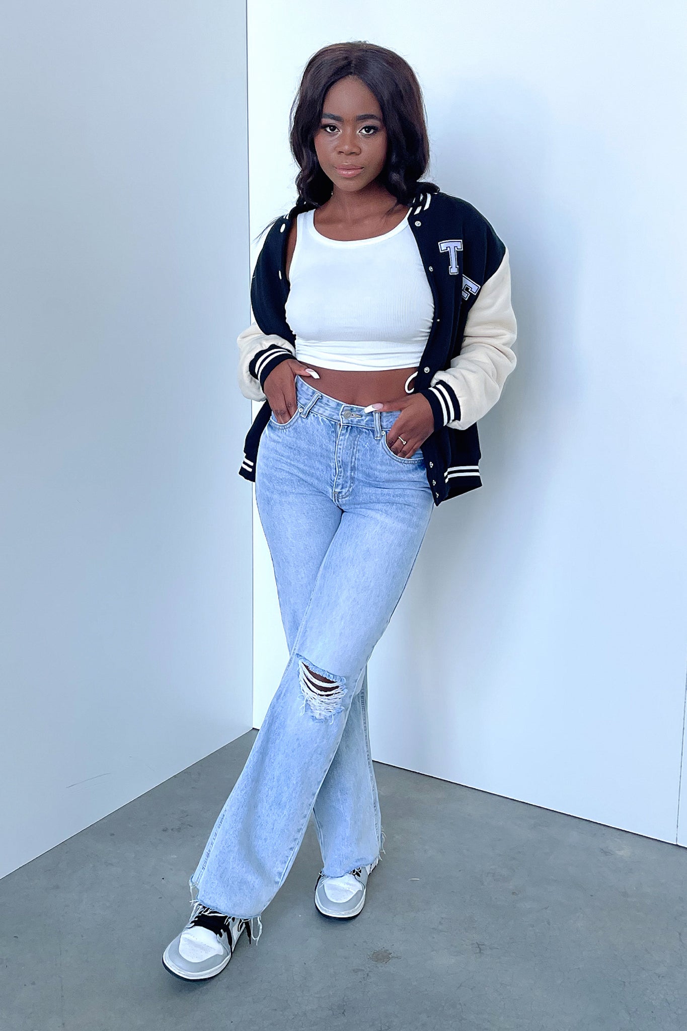 Varsity Jacket - Black/Beige-Coutiqo