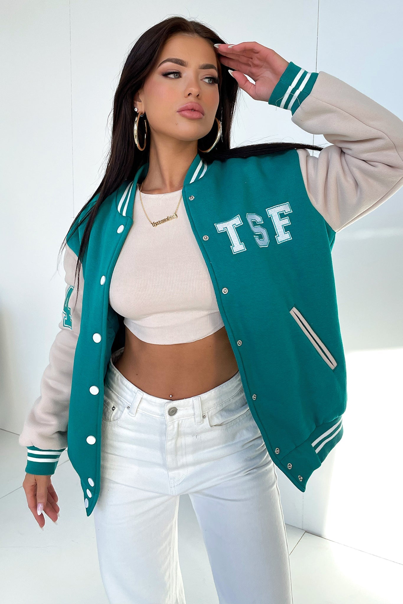 Varsity Oversized Jacket - Teal / Beige-Coutiqo