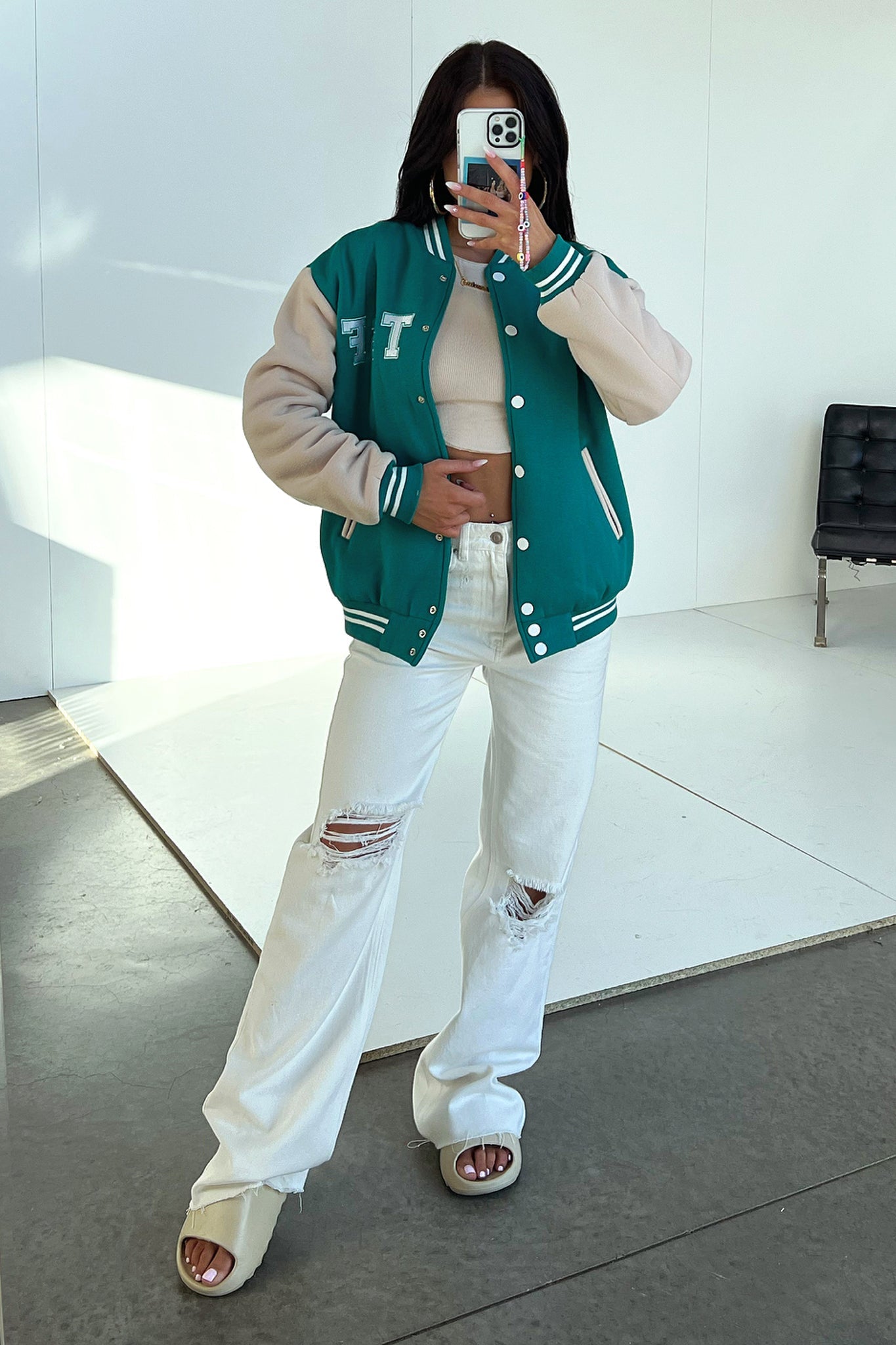 Varsity Oversized Jacket - Teal / Beige-Coutiqo
