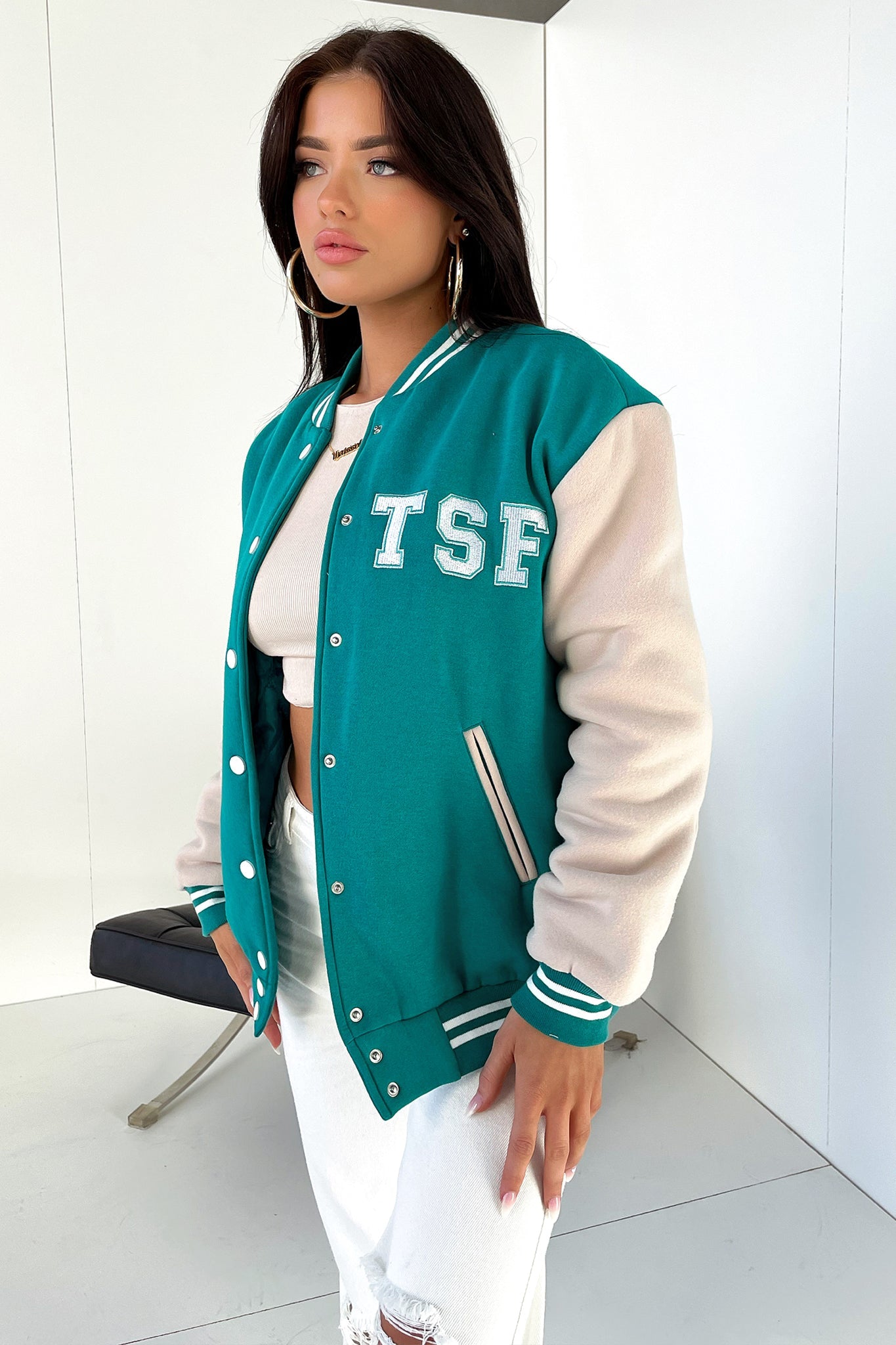 Varsity Oversized Jacket - Teal / Beige-Coutiqo