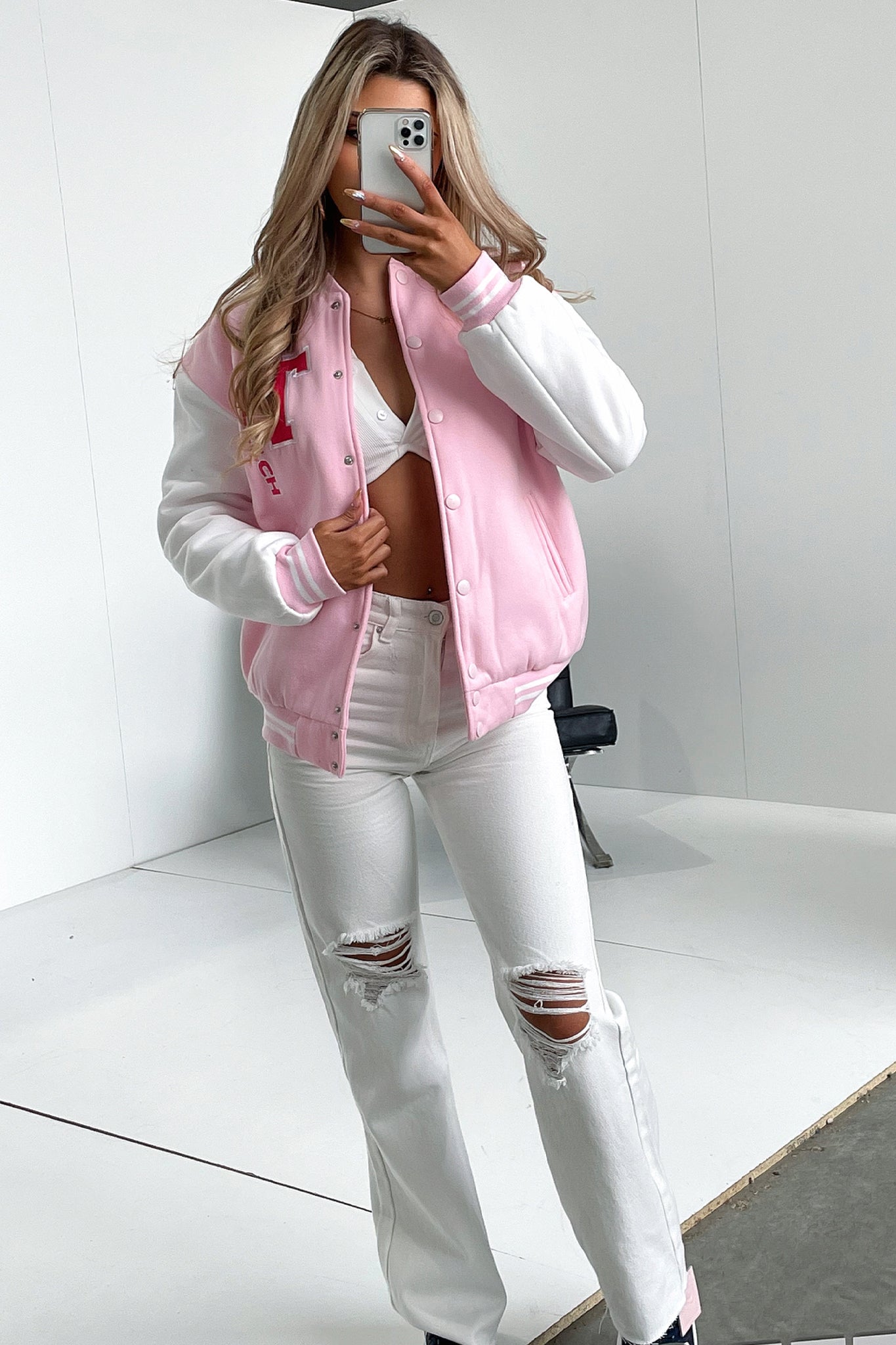 Varsity Oversized Jacket - Pink / White-Coutiqo
