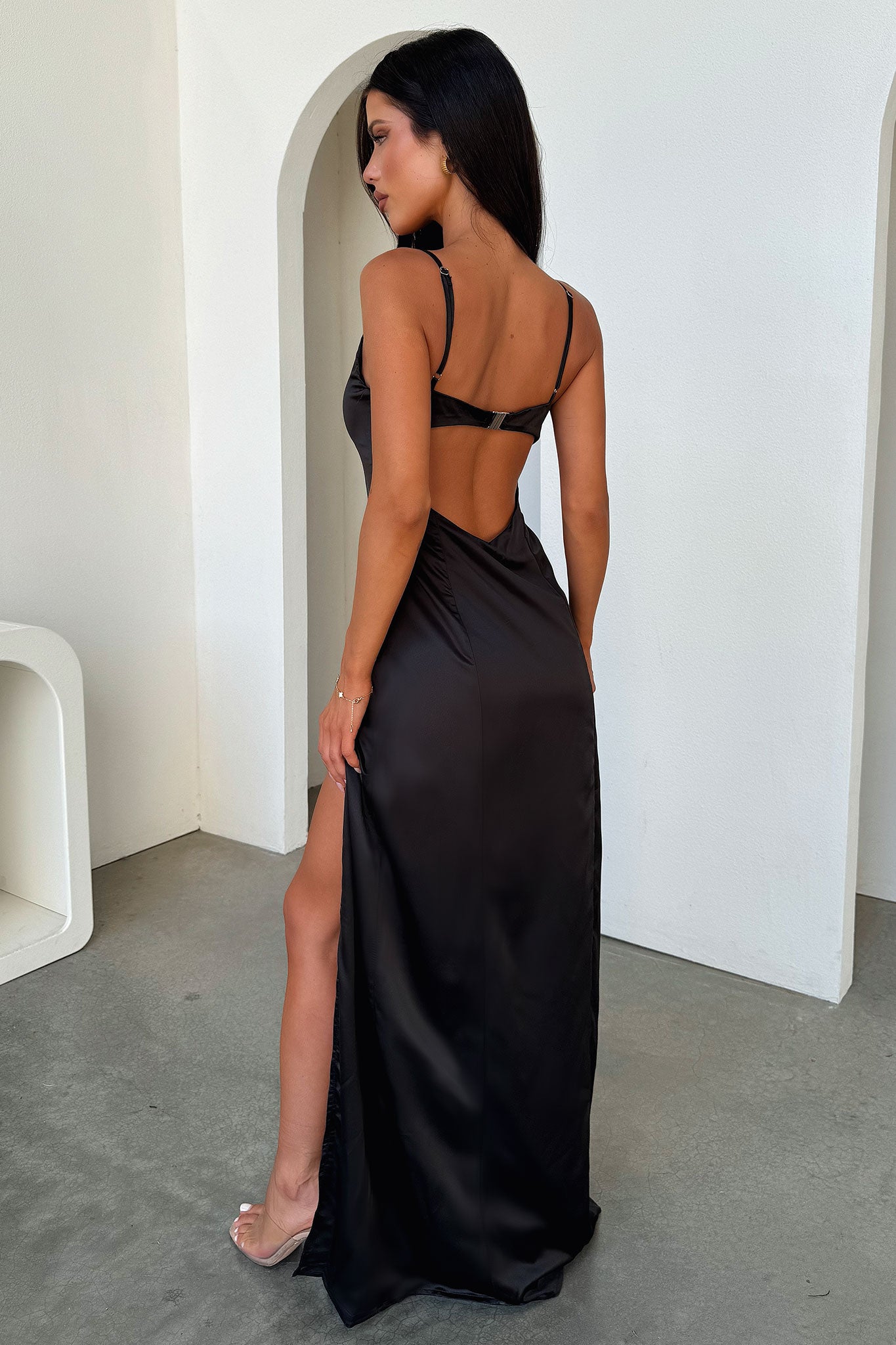 Violetta Scoop Neck Satin Maxi Dress - Black-Coutiqo