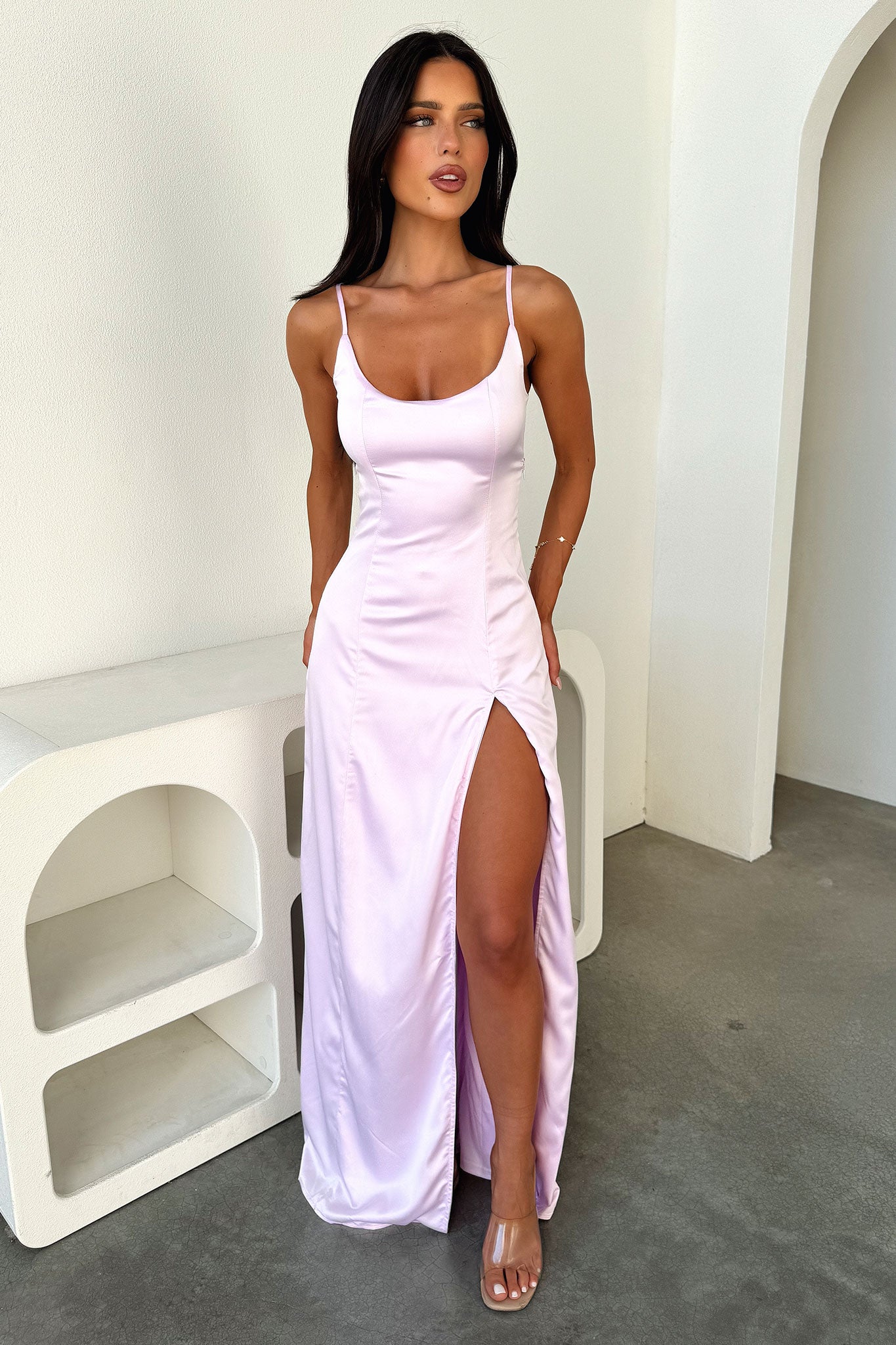 Violetta Scoop Neck Satin Maxi Dress - Pink-Coutiqo