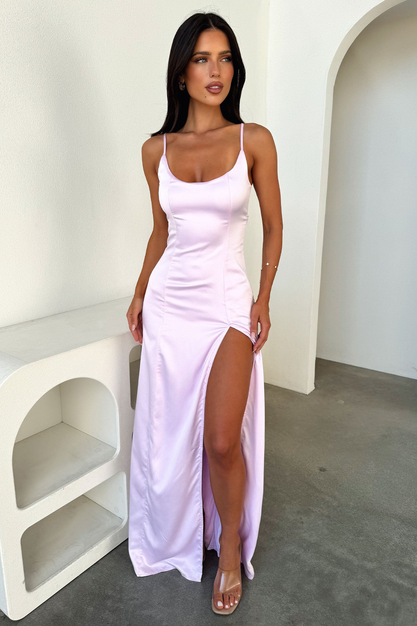Violetta Scoop Neck Satin Maxi Dress - Pink-Coutiqo