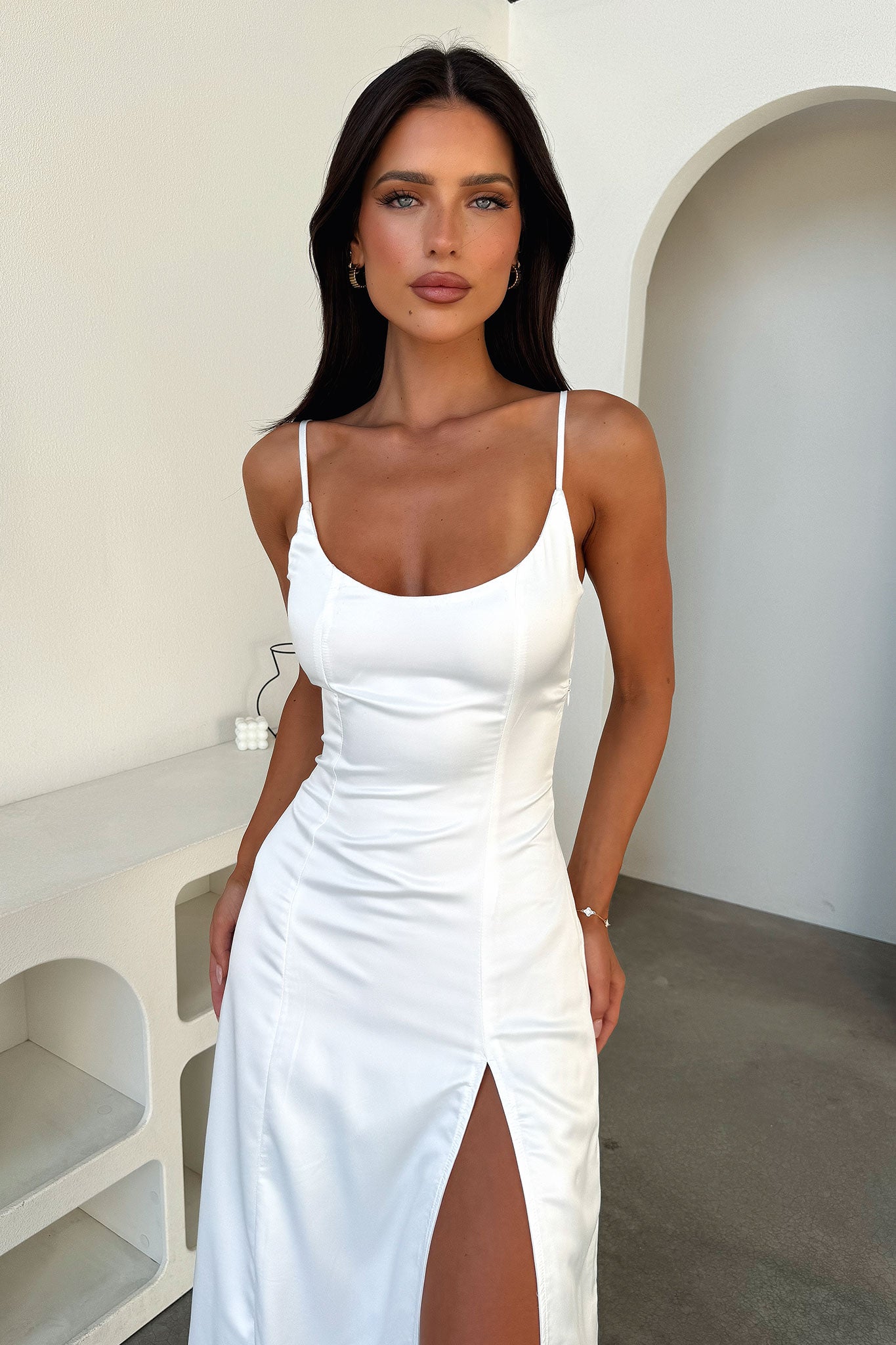 Violetta Scoop Neck Satin Maxi Dress - White-Coutiqo