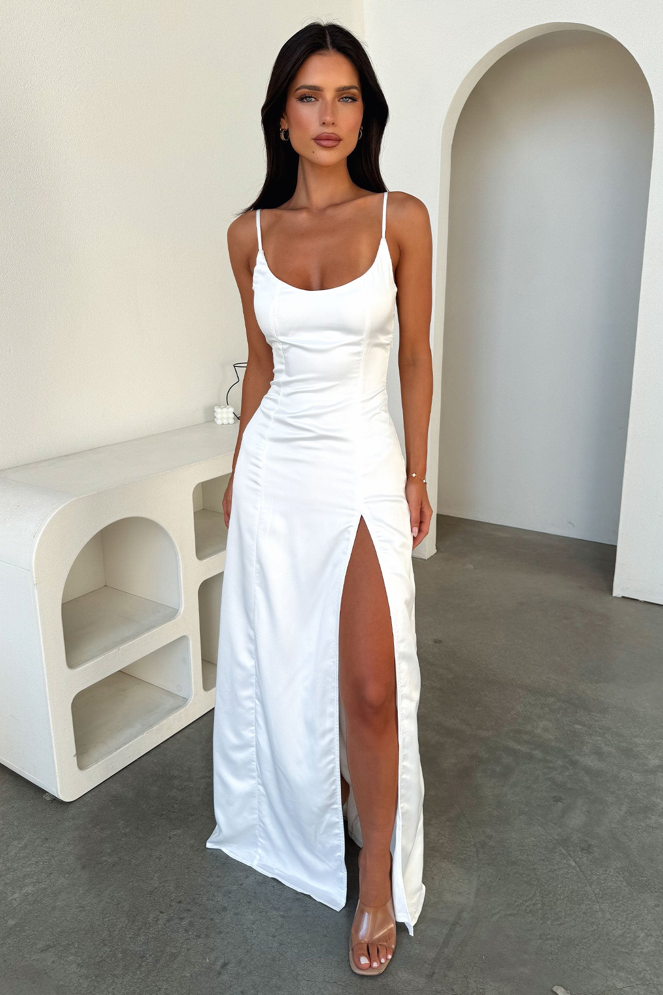Violetta Scoop Neck Satin Maxi Dress - White-Coutiqo