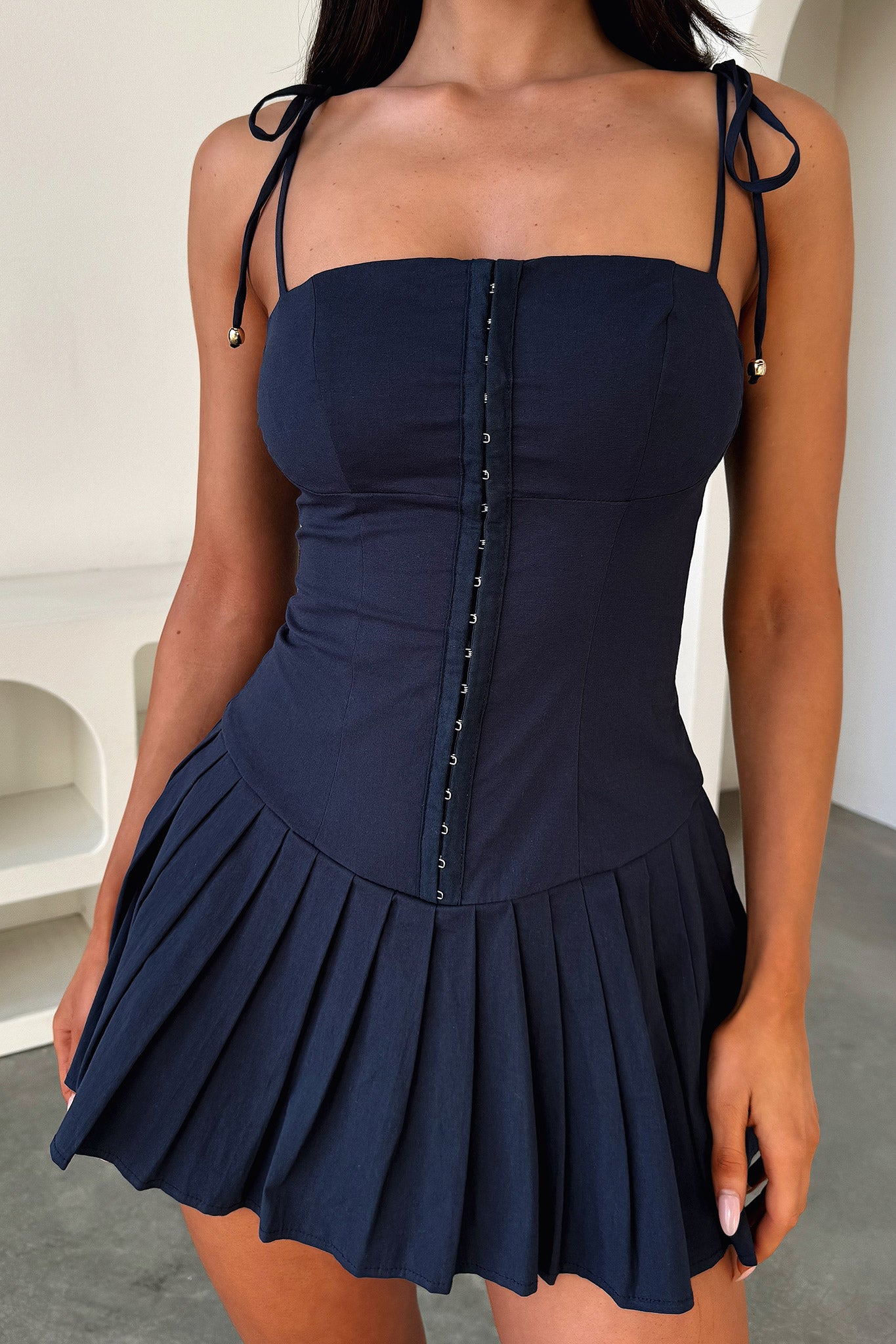 Yaz Pleated Mini Dress - Navy-Coutiqo