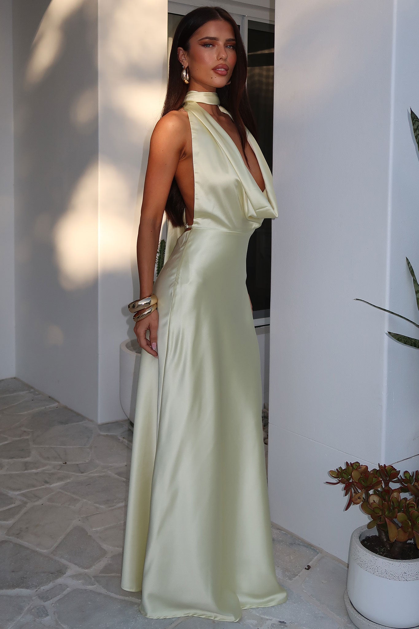 Zealand Plunge Halter Satin Maxi Dress - Yellow-Coutiqo