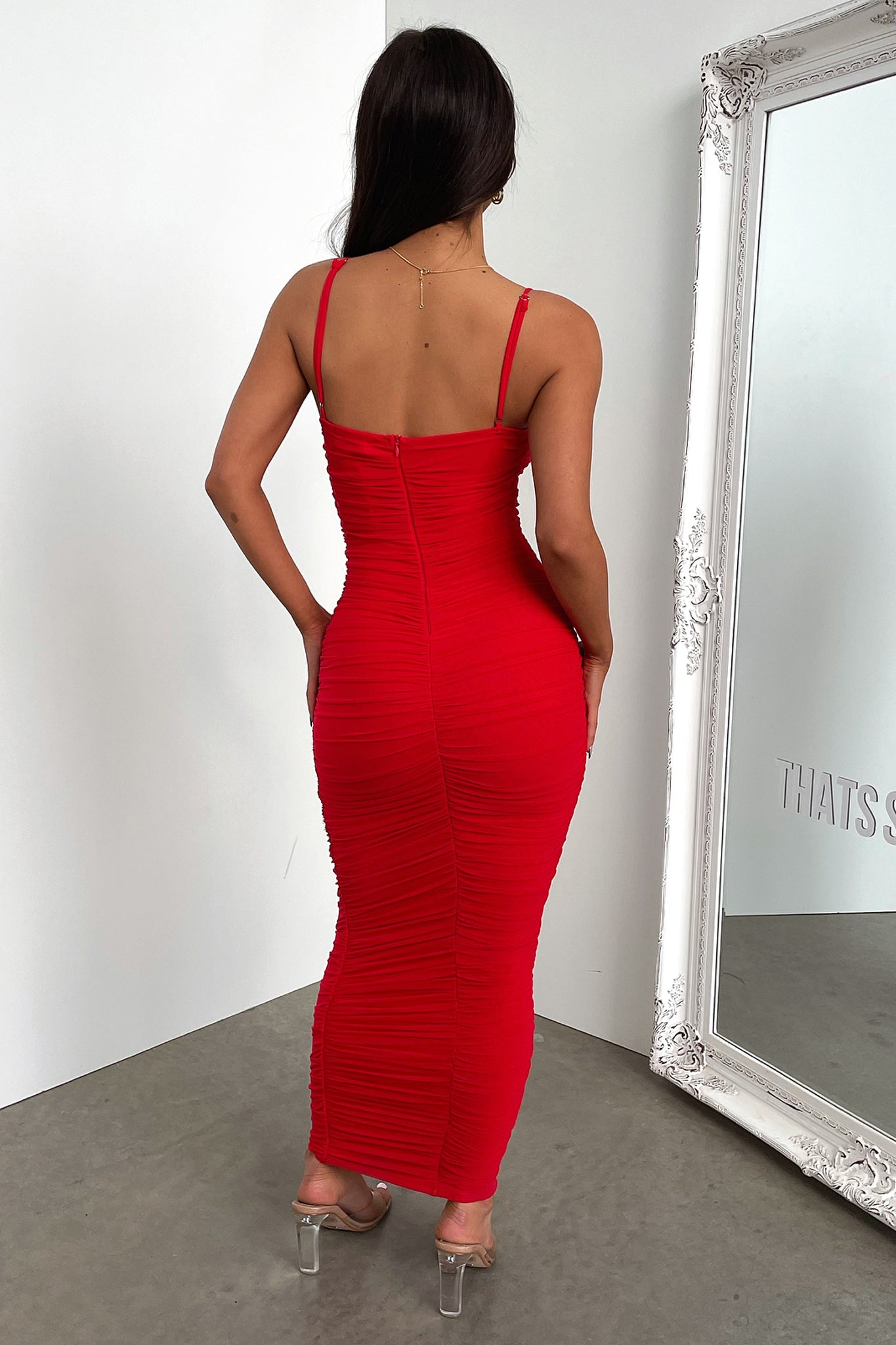 Zena Mesh Full Length Dress - Red-Coutiqo