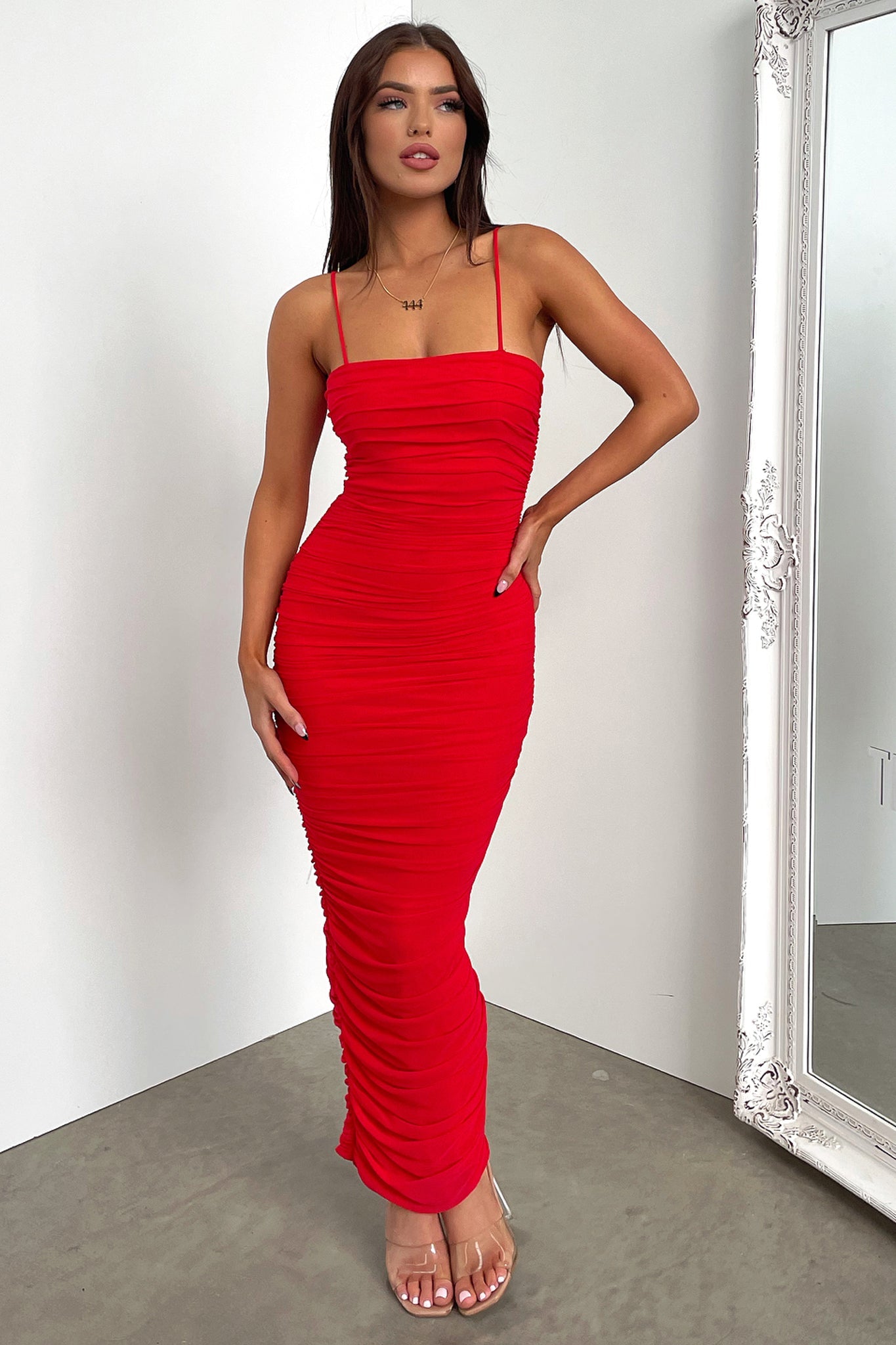 Zena Mesh Full Length Dress - Red-Coutiqo