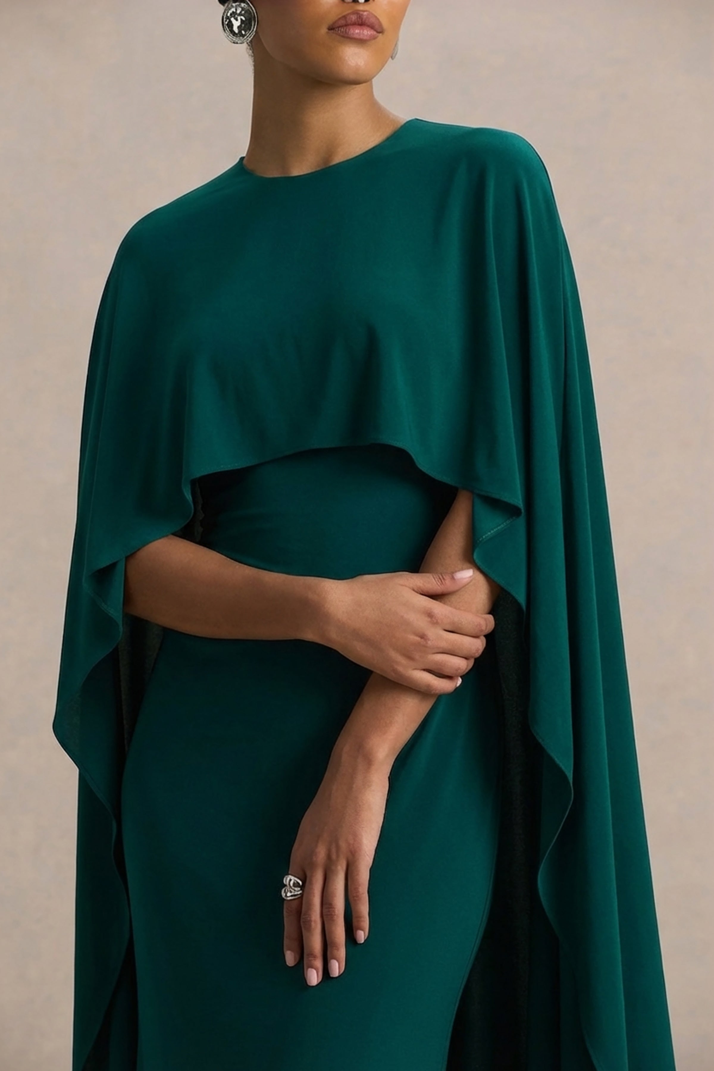 Padma | Bottle Green Draped Maxi Dress With Cape Sleeves-Sowoom