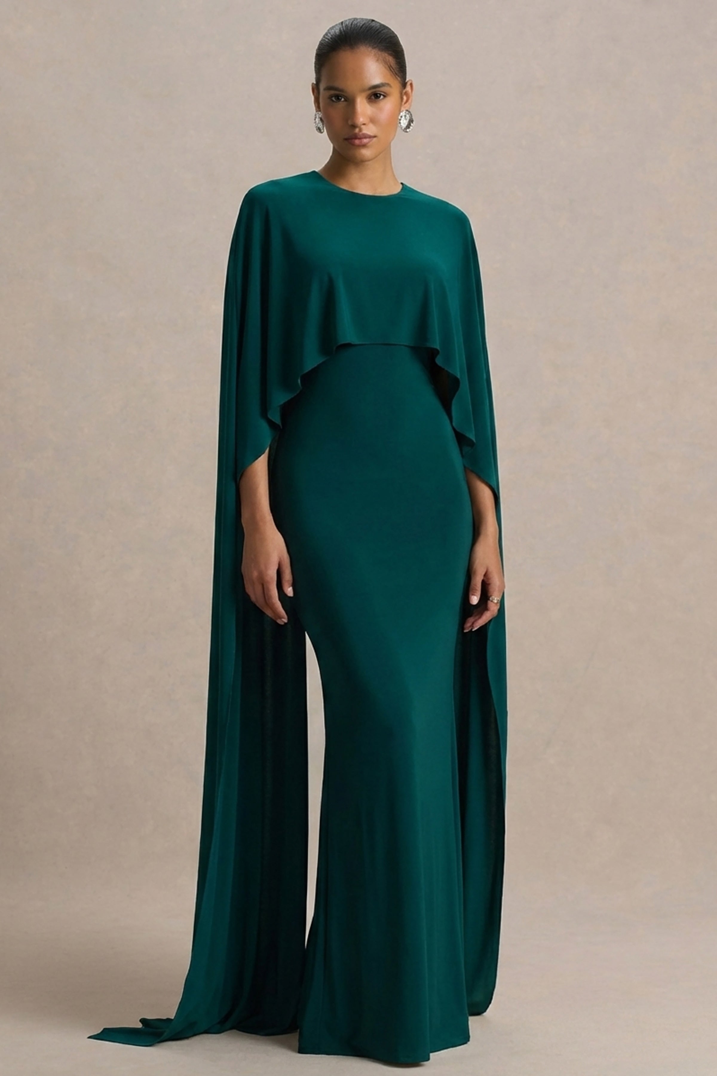 Padma | Bottle Green Draped Maxi Dress With Cape Sleeves-Sowoom