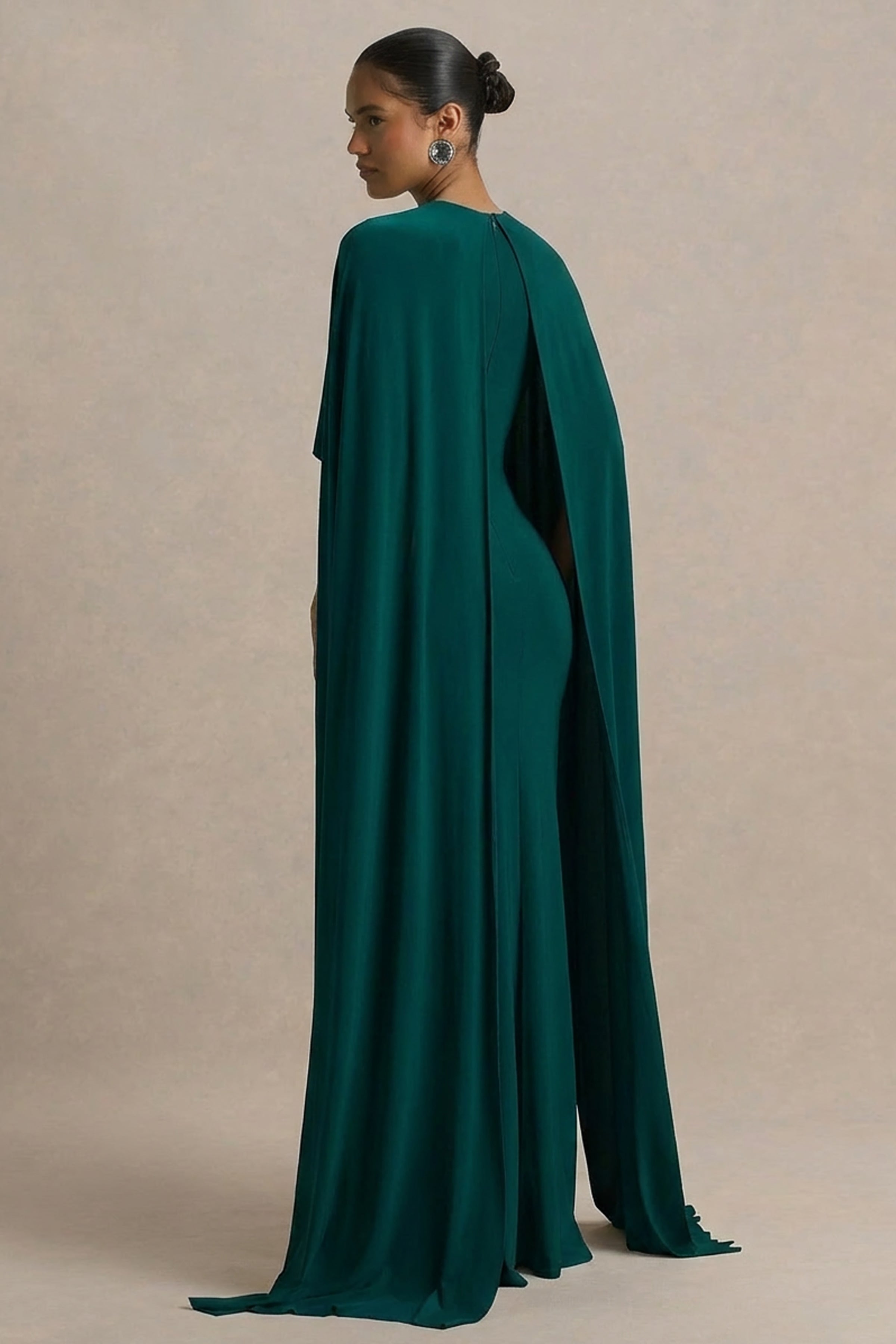 Padma | Bottle Green Draped Maxi Dress With Cape Sleeves-Sowoom
