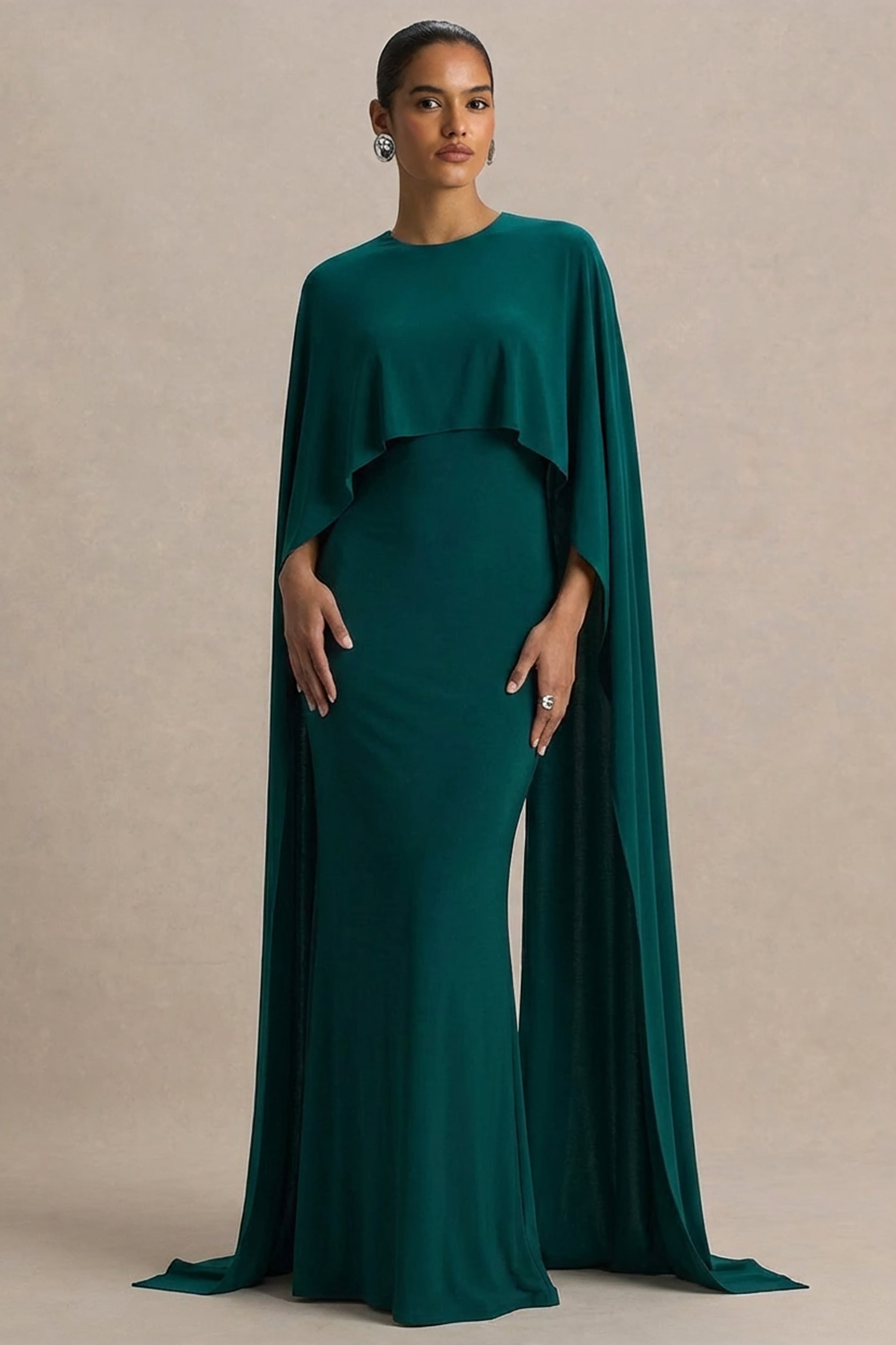 Padma | Bottle Green Draped Maxi Dress With Cape Sleeves-Sowoom