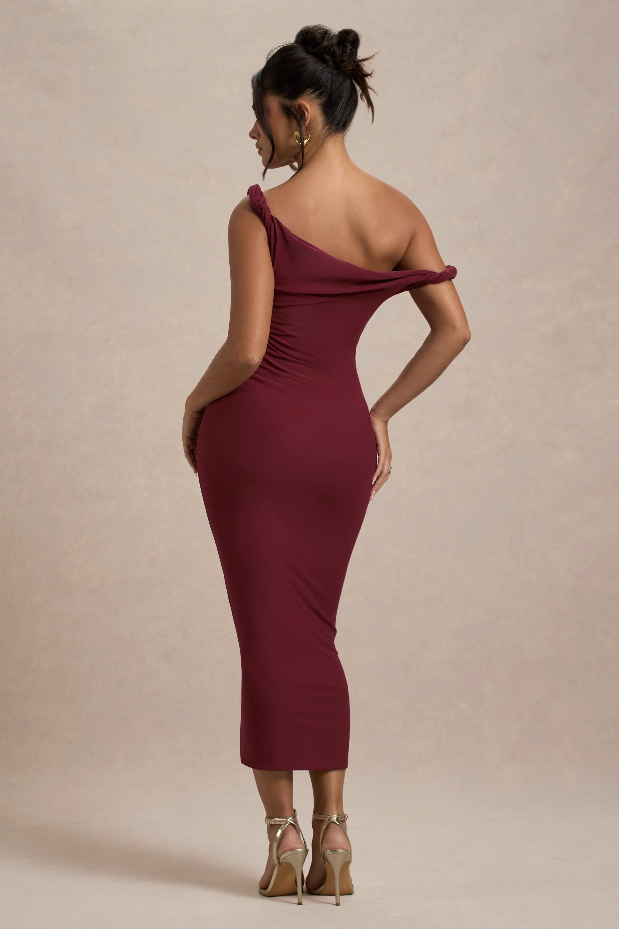 Salome | Berry Twisted Asymmetric Midi Dress-Sowoom
