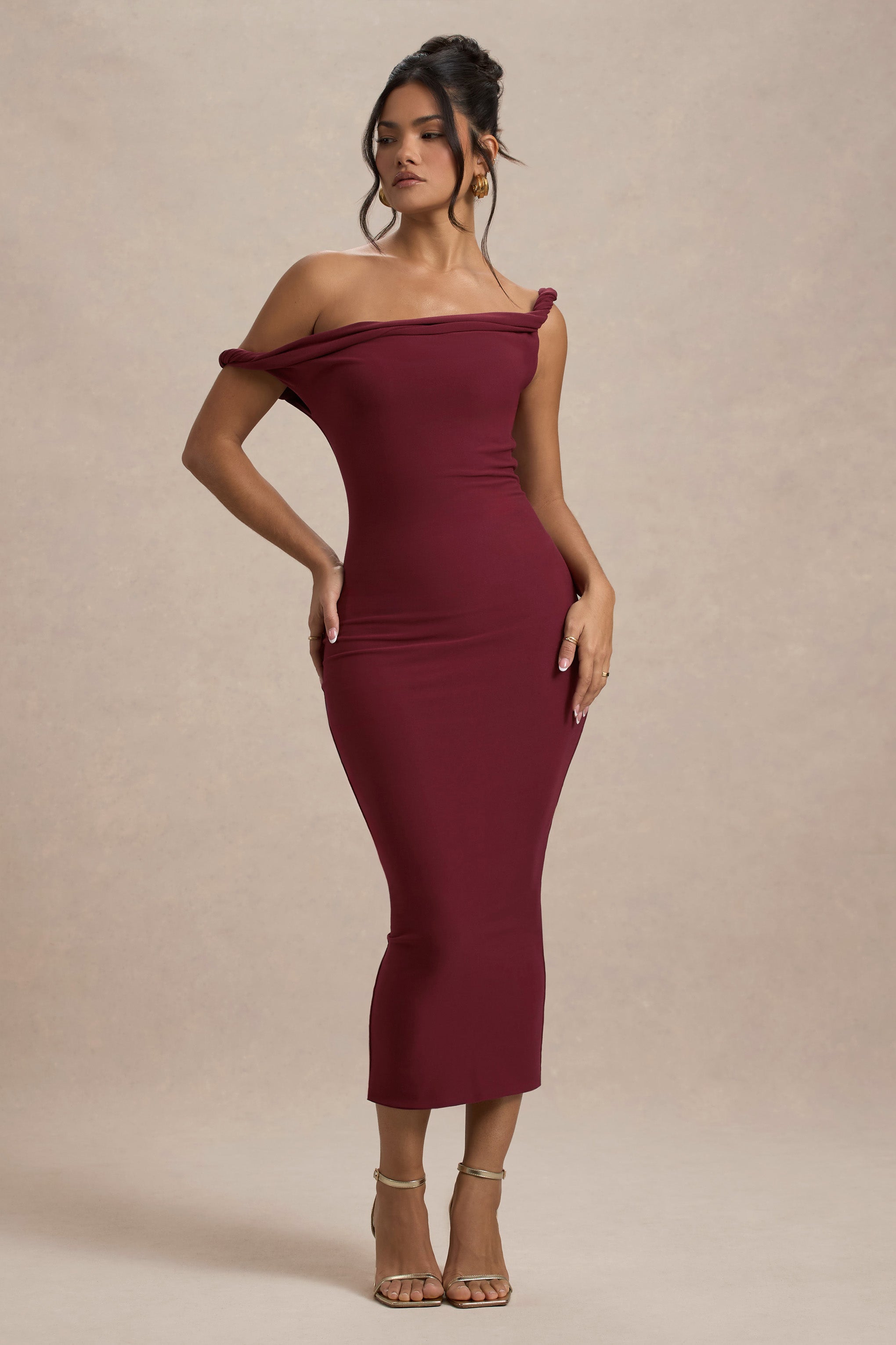 Salome | Berry Twisted Asymmetric Midi Dress-Sowoom