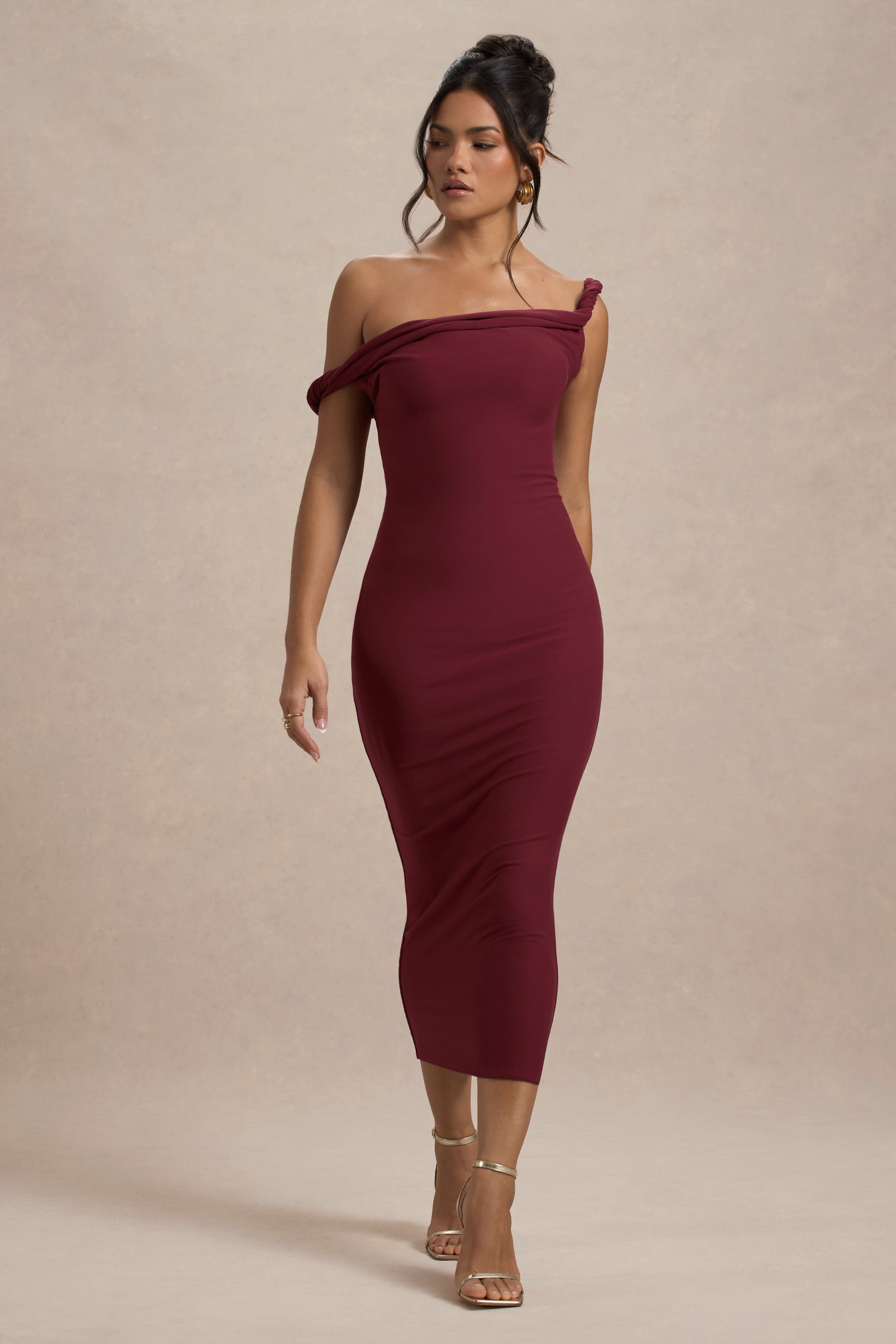 Salome | Berry Twisted Asymmetric Midi Dress-Sowoom