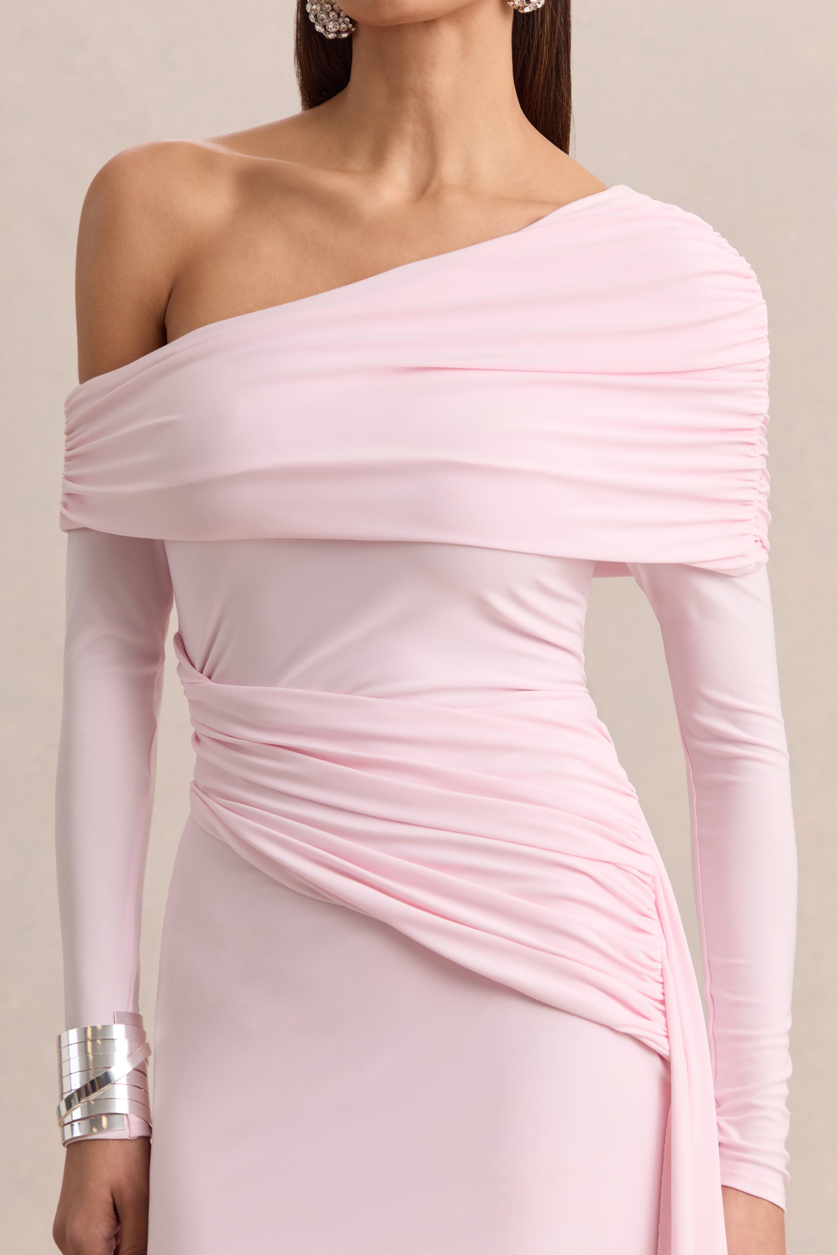 Savita | Light Pink Ruched Asymmetric Mini Dress With Drape-Sowoom