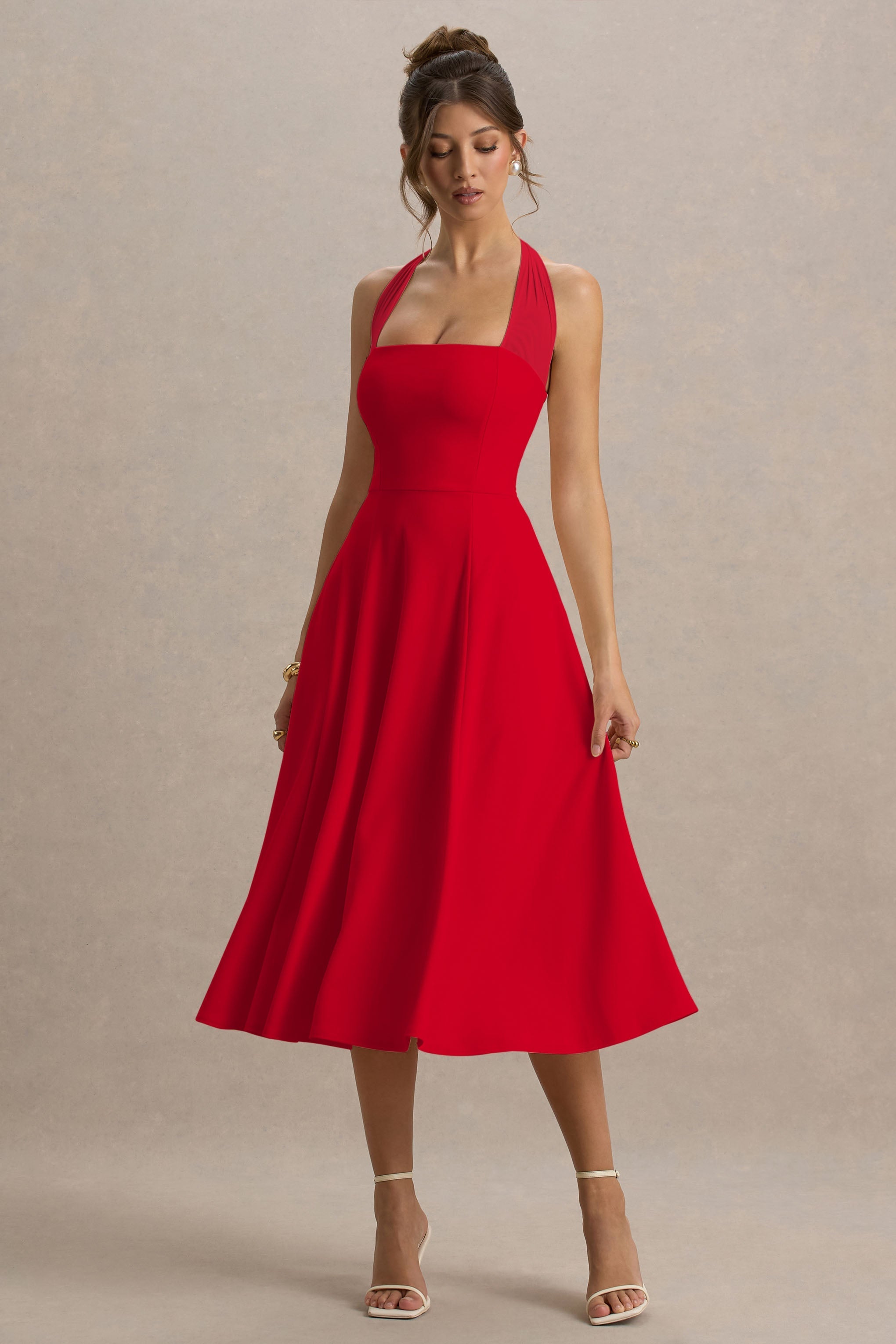 Auburn | Red Halter Skater Midi Dress-Sowoom