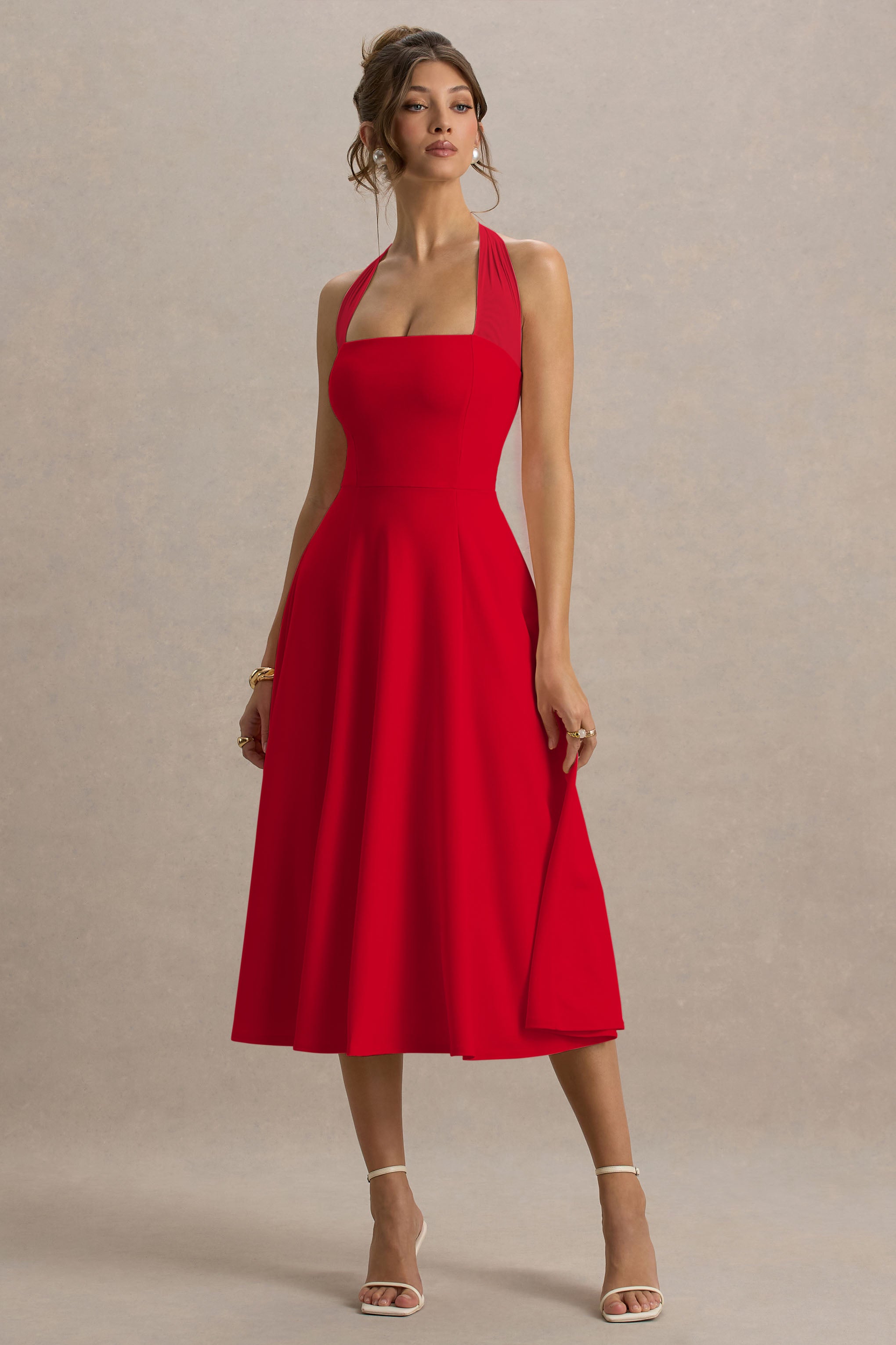 Auburn | Red Halter Skater Midi Dress-Sowoom