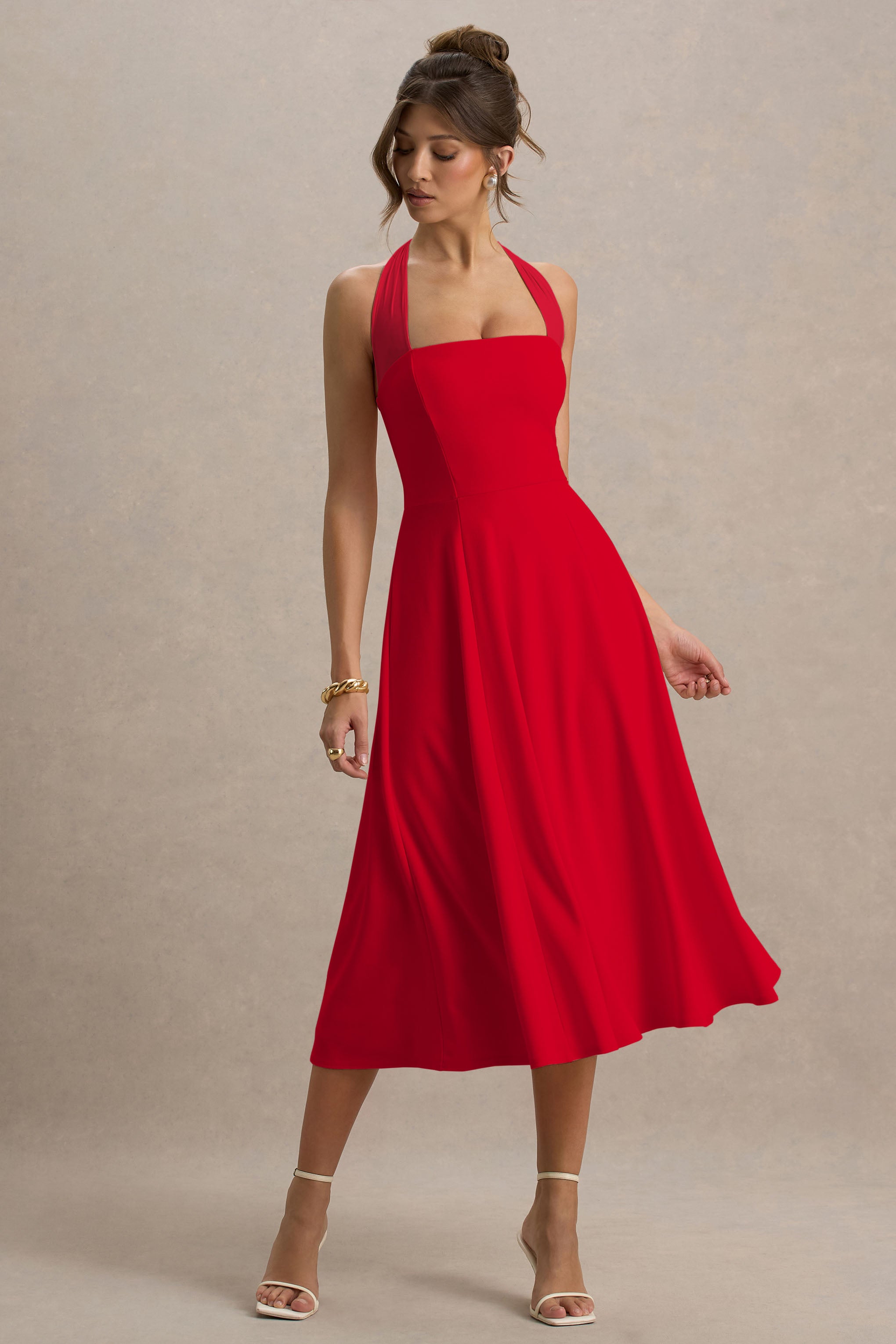 Auburn | Red Halter Skater Midi Dress-Sowoom