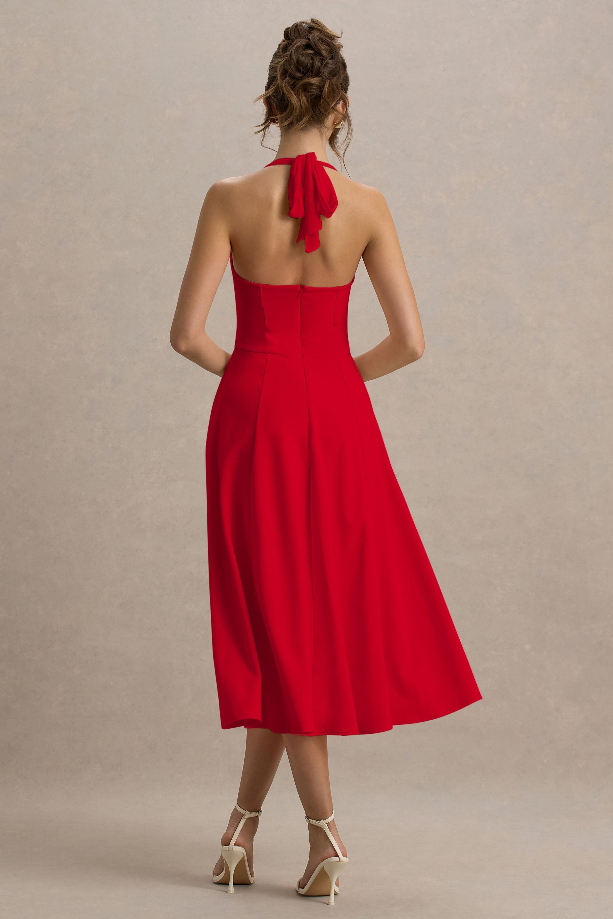 Auburn | Red Halter Skater Midi Dress-Sowoom