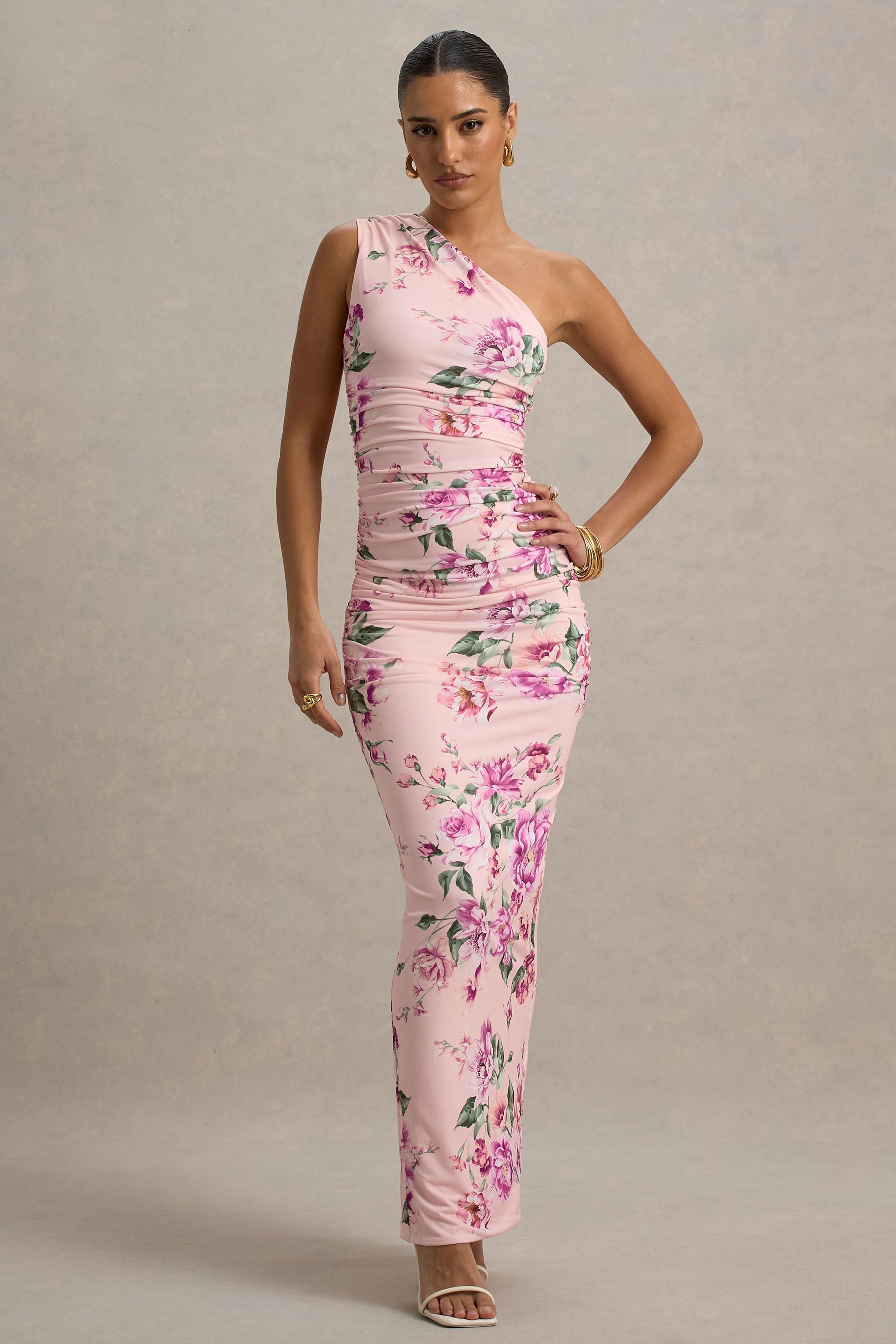 Dalarie | Pink Floral Print One-Shoulder Gathered Maxi Dress-Sowoom