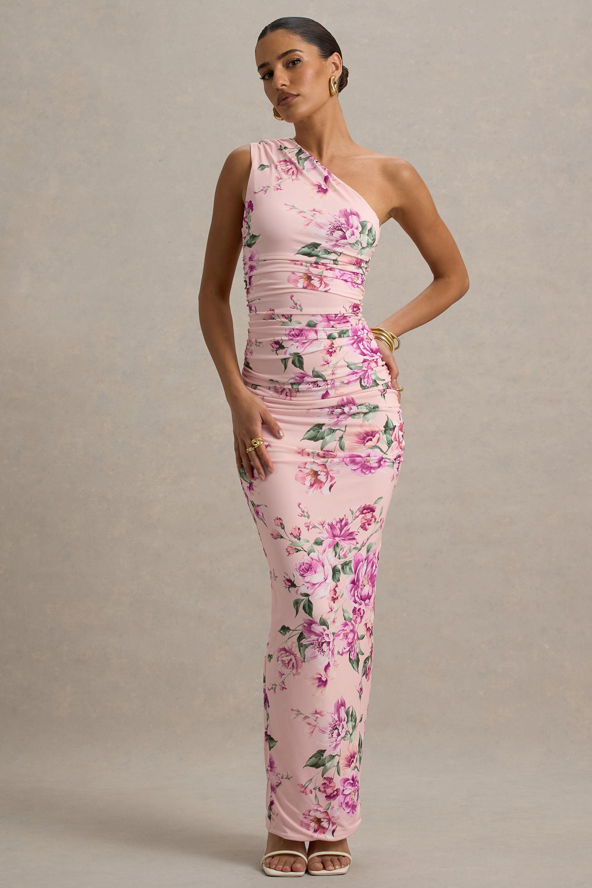 Dalarie | Pink Floral Print One-Shoulder Gathered Maxi Dress-Sowoom