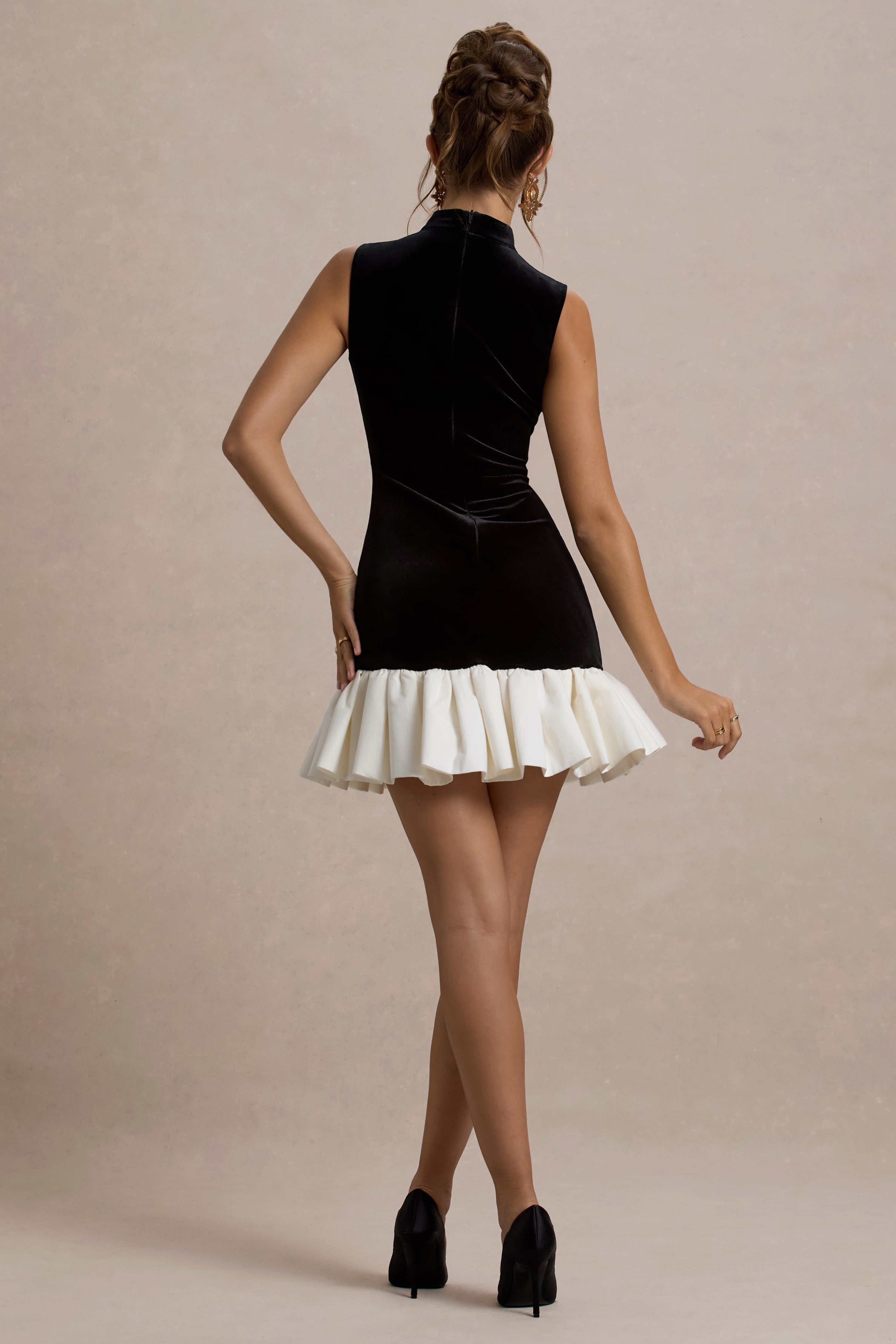 Baxter | Black & White Velvet Mini Dress With Satin Ruffle Trim-Sowoom