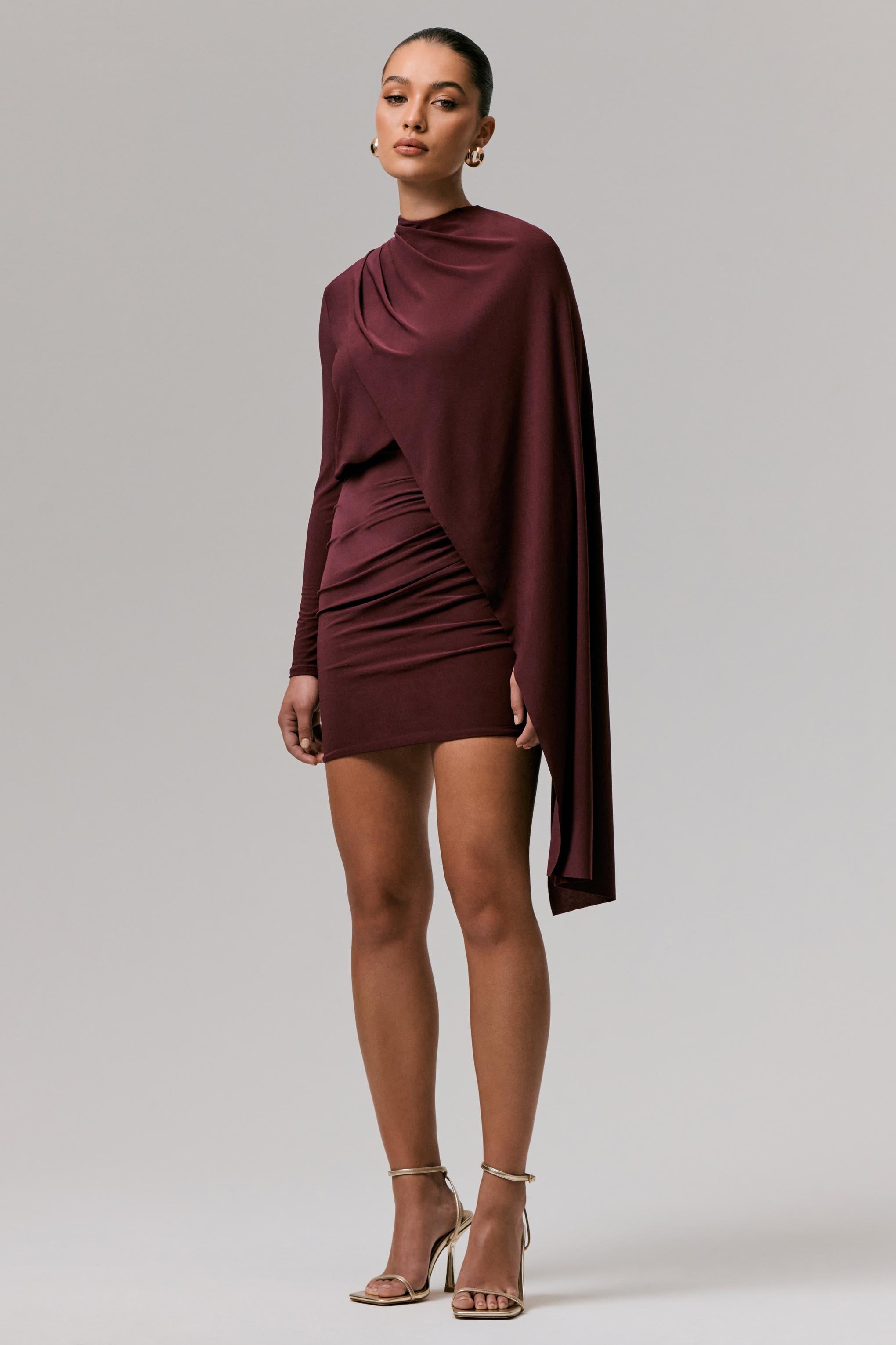 Celeste | Burgundy Long-Sleeve Mini Dress With Cape Sleeve-Sowoom