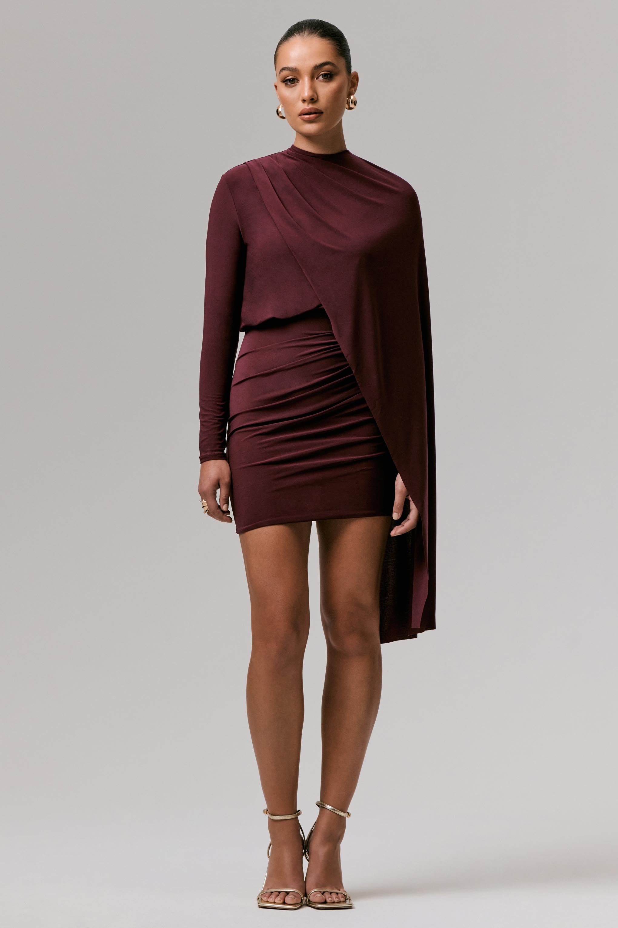 Celeste | Burgundy Long-Sleeve Mini Dress With Cape Sleeve-Sowoom