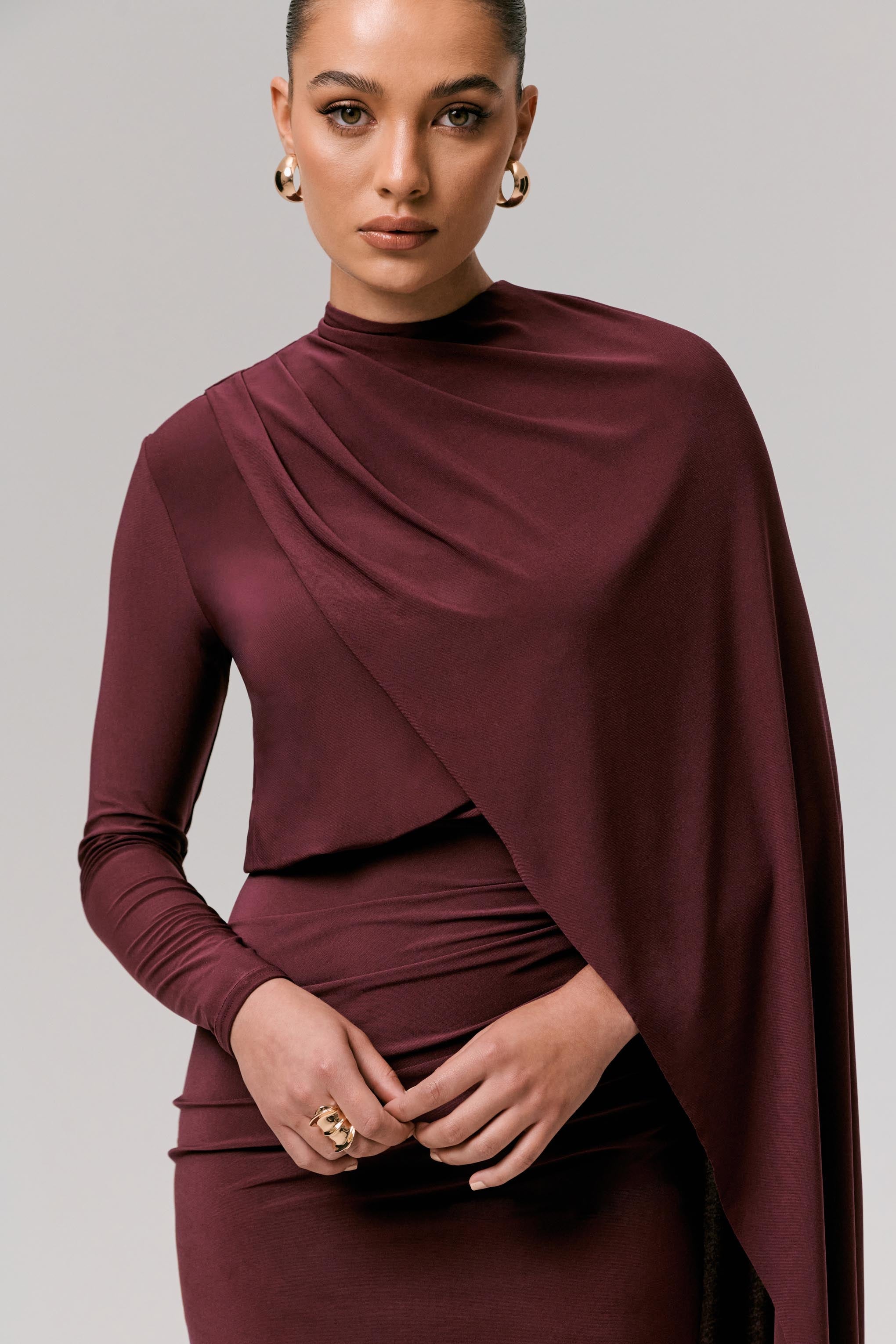 Celeste | Burgundy Long-Sleeve Mini Dress With Cape Sleeve-Sowoom