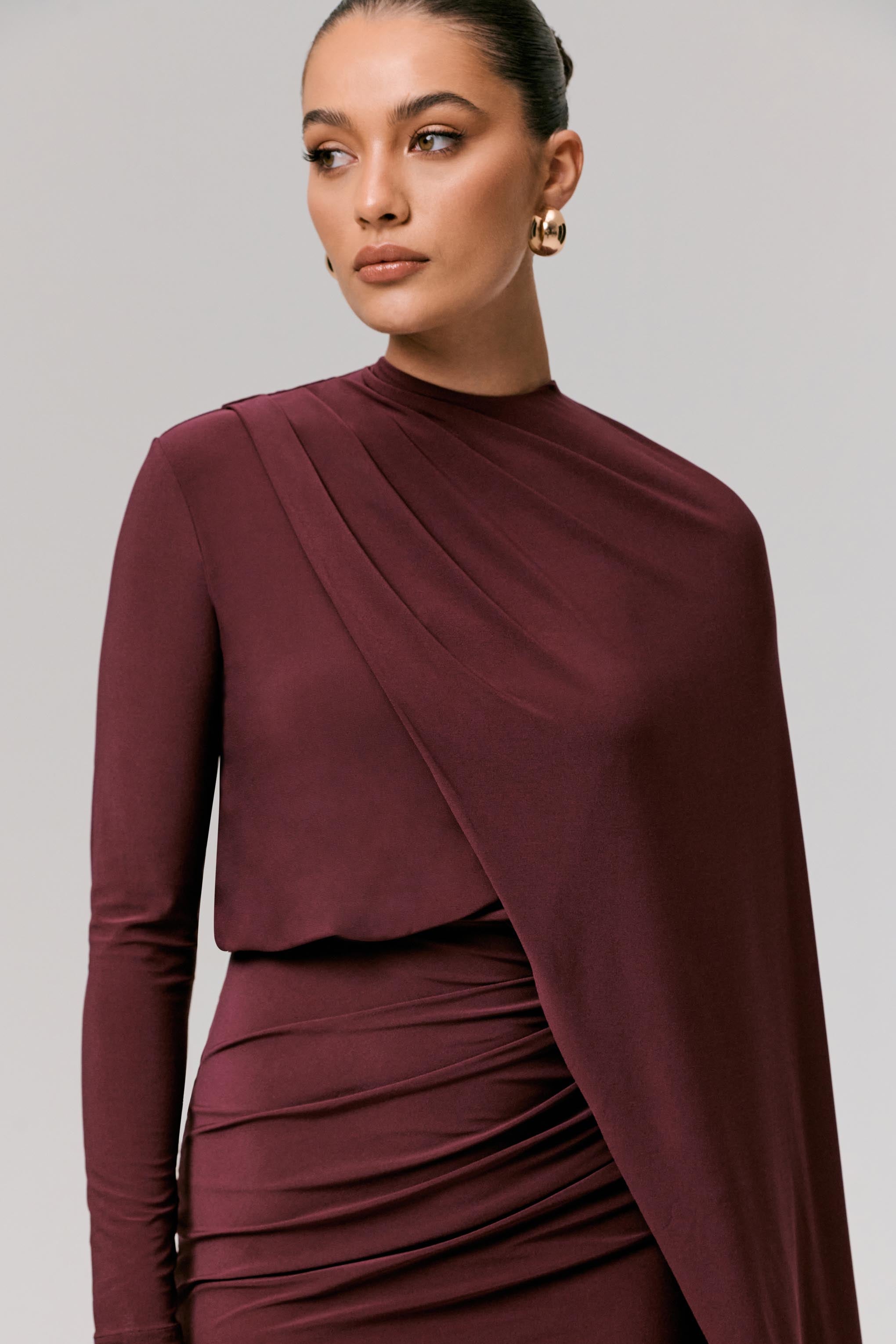 Celeste | Burgundy Long-Sleeve Mini Dress With Cape Sleeve-Sowoom