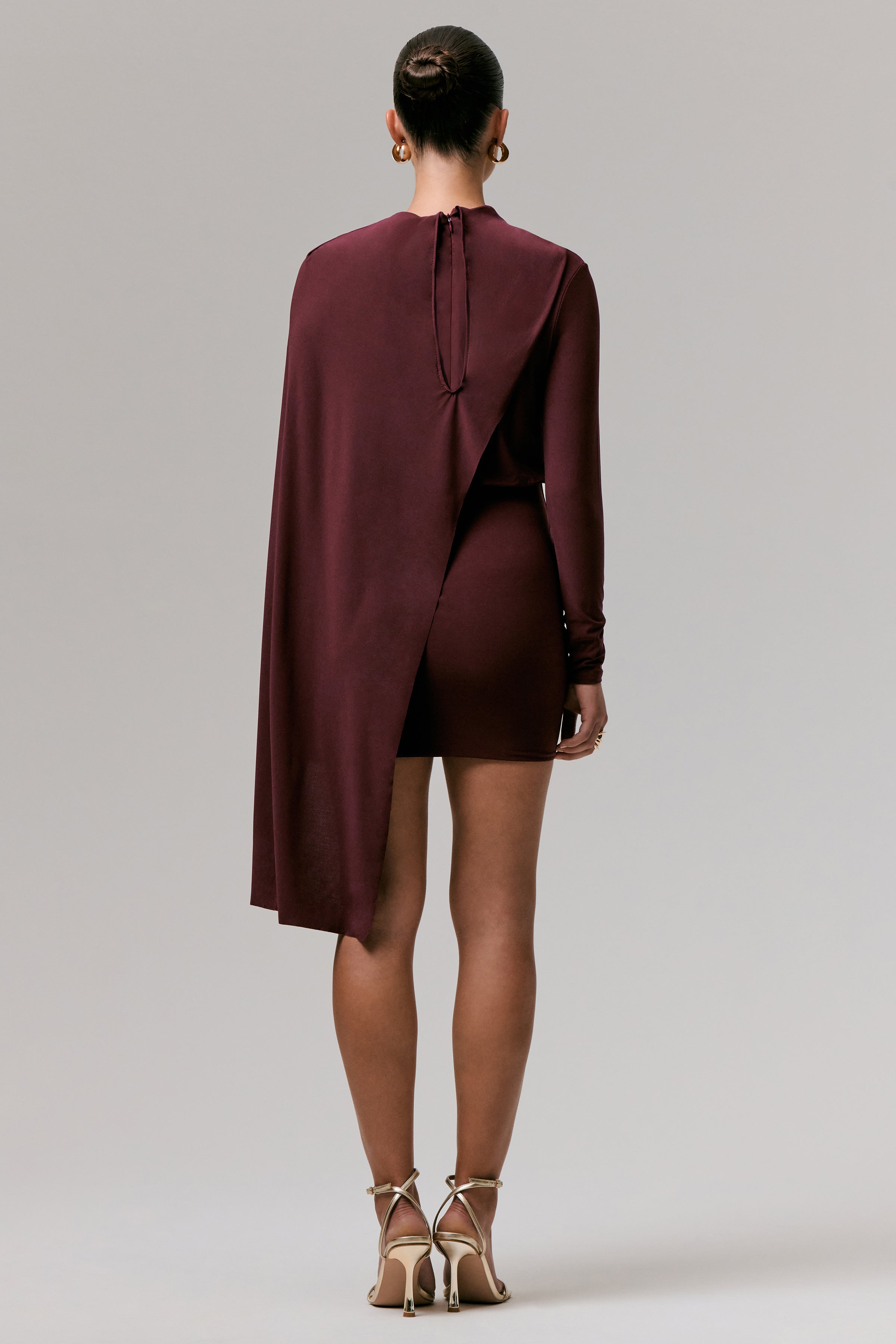 Celeste | Burgundy Long-Sleeve Mini Dress With Cape Sleeve-Sowoom