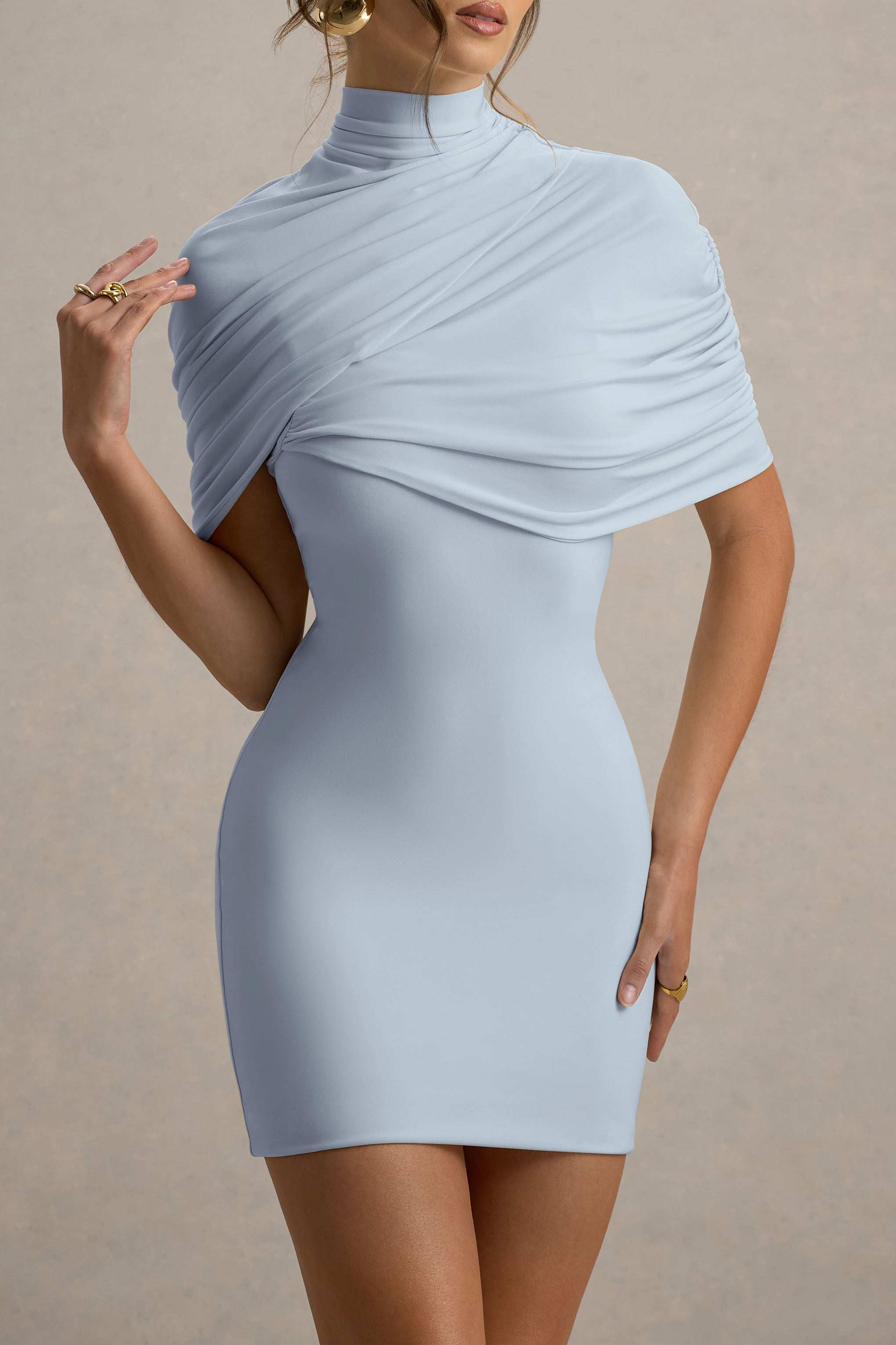 Perdi | Powder Blue Bodycon Mini Dress With Twisted Cape-Sowoom