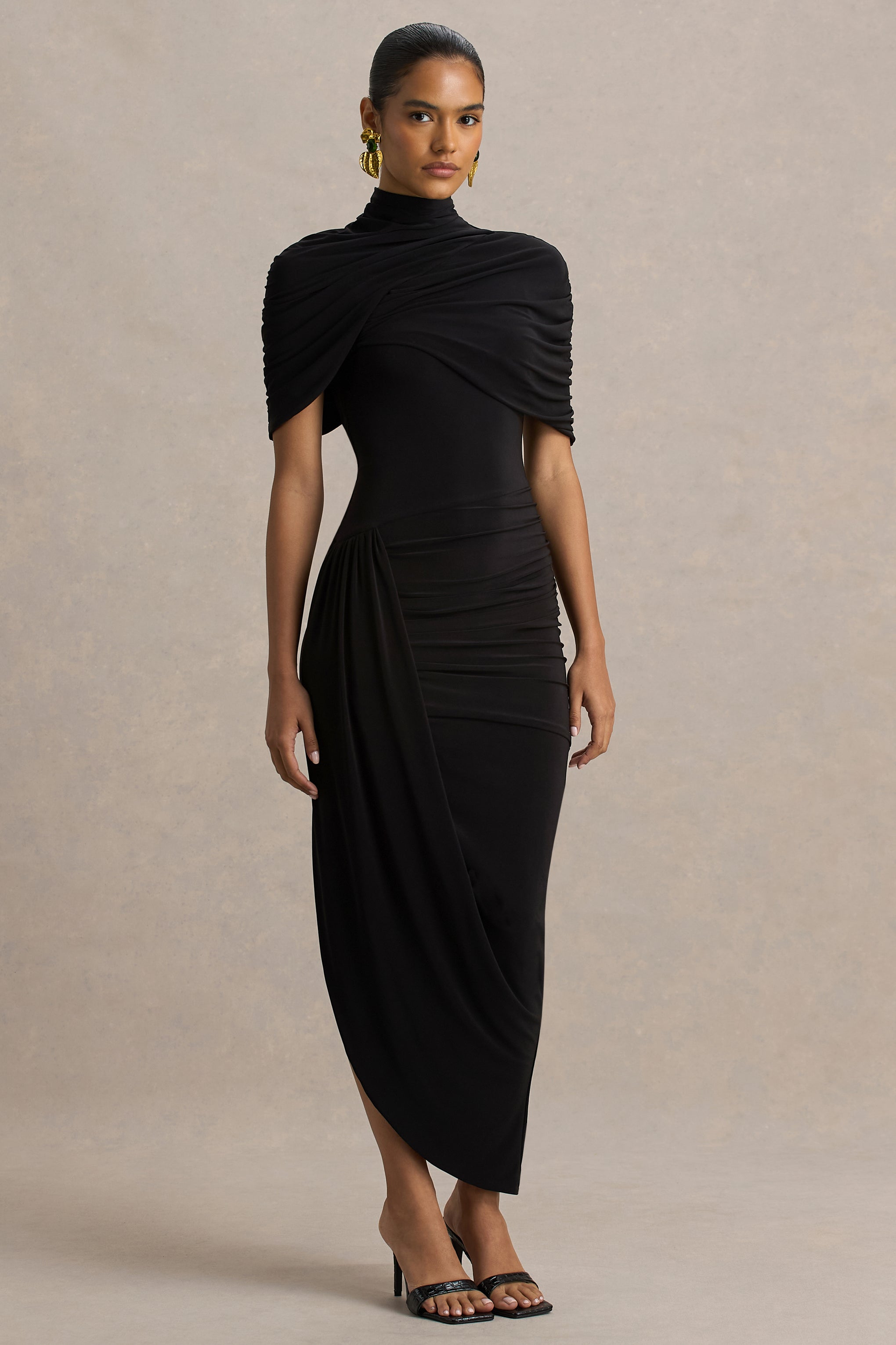 Enchant | Black Asymmetric Twisted Cape Midi Dress-Sowoom