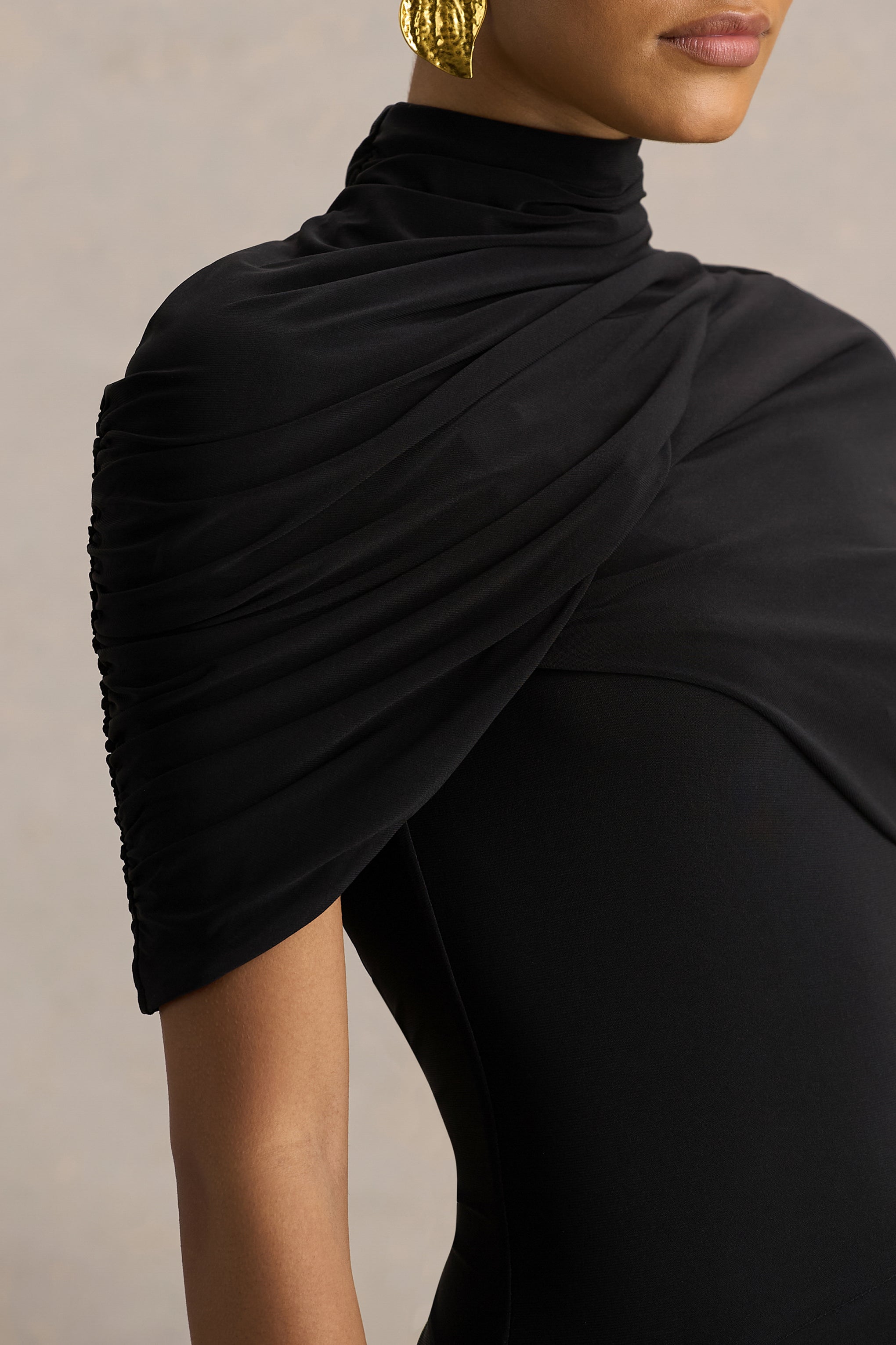 Enchant | Black Asymmetric Twisted Cape Midi Dress-Sowoom