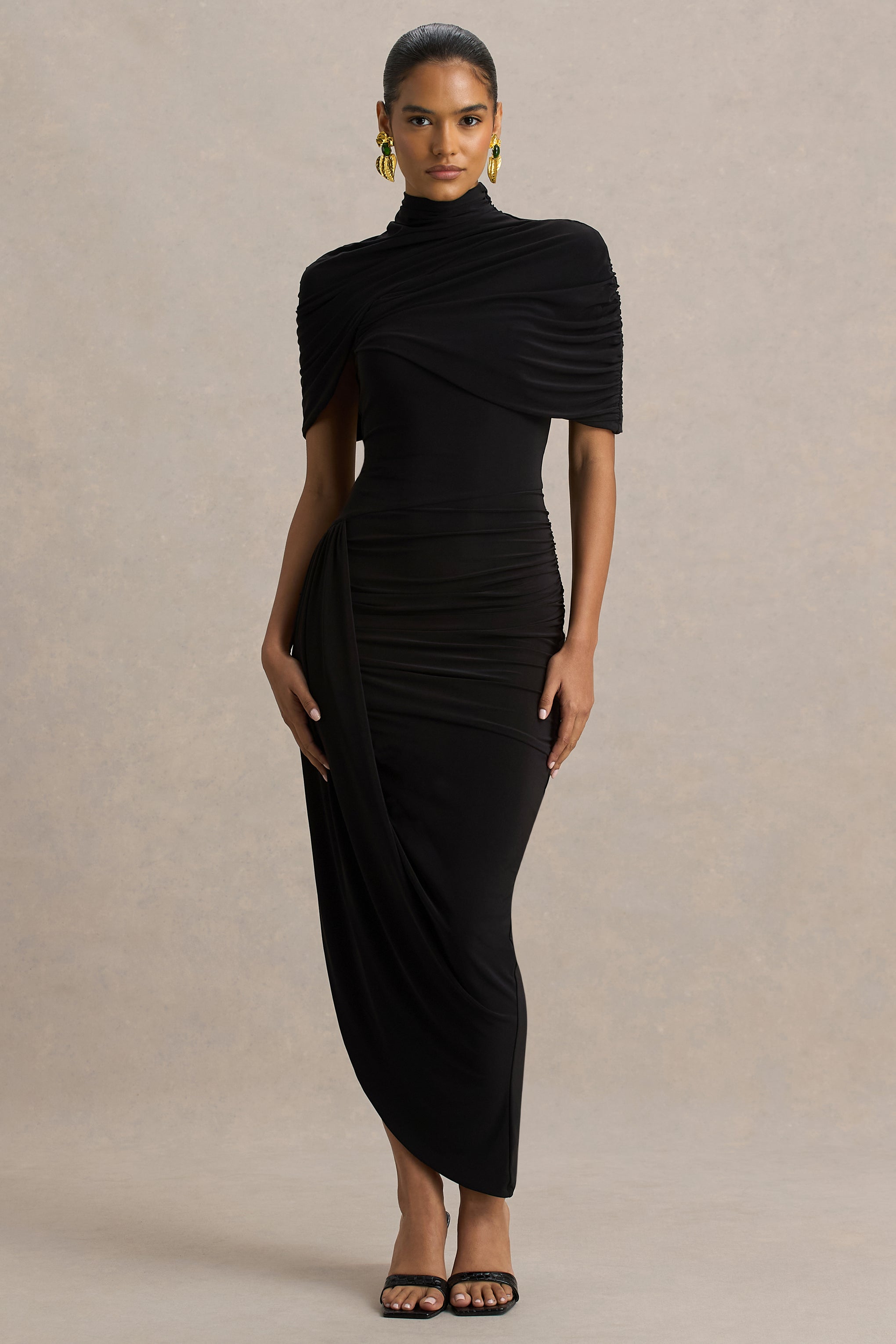 Enchant | Black Asymmetric Twisted Cape Midi Dress-Sowoom