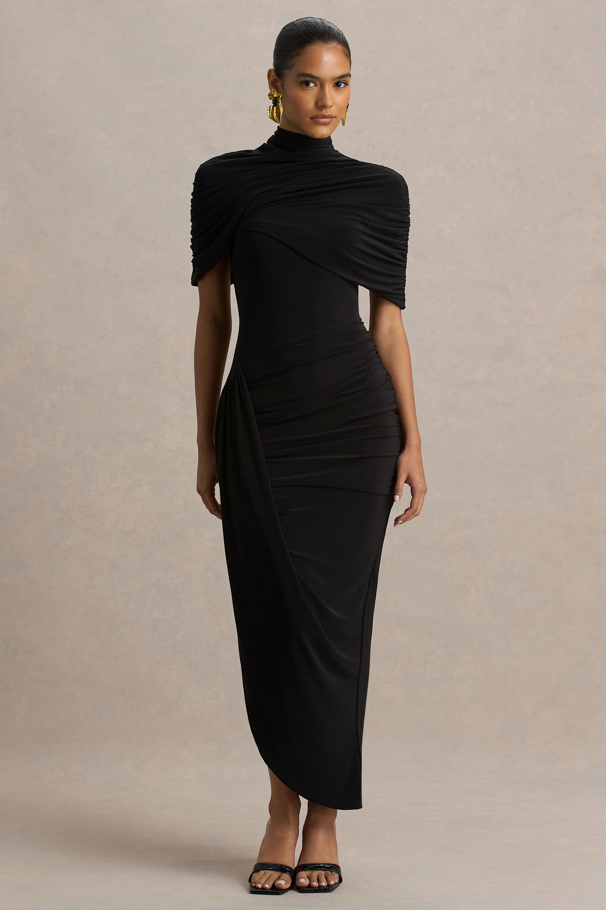 Enchant | Black Asymmetric Twisted Cape Midi Dress-Sowoom
